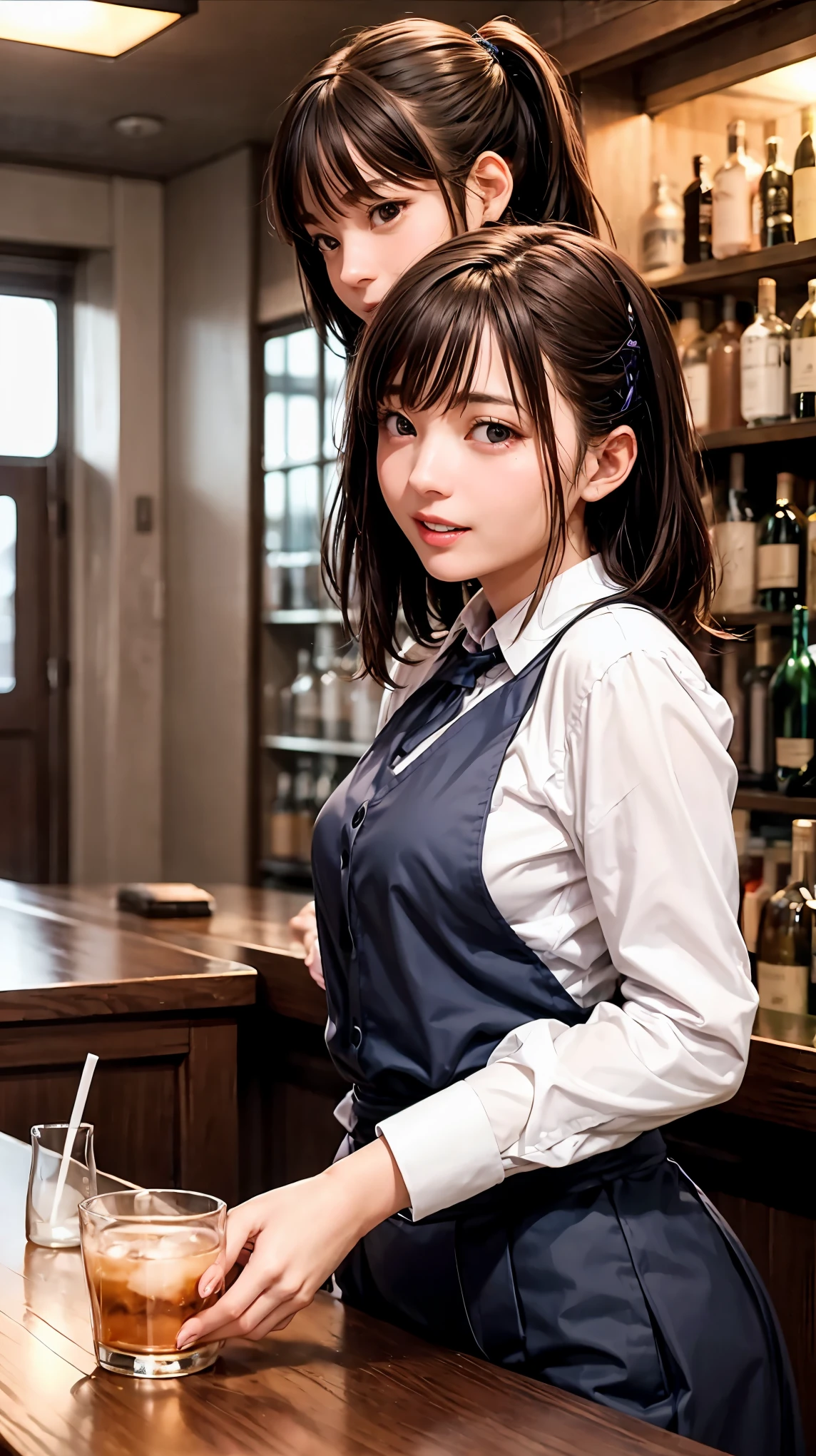 (Highest quality,masterpiece:1.3,Ultra-high resolution,),(Very detailed,Caustics),(Realistic:1.4,RAW shooting,)Ultra-Realistic Capture,Very detailed,High resolution 16k human skin closeup。 Natural skin texture、,pores、、、、It must be detailed enough to be easily identifiable。 Skin tone is even and healthy looking。 Use natural light and color,restaurant,Waitress Uniform,1 girl,Japanese,18-year-old,cute,Black-haired,ponytail,Big Breasts,smile,Turn your body forward,(Front view:1.1),Looking into the camera,Cowboy Shot,
