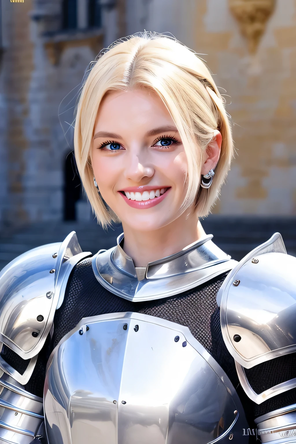 8K、highest quality、female knight、Luxurious Silver Armor、、hairstyle short cut、smile、Beautiful Teeth、Full body photo、ear piercing、blonde、White woman、blue eyes、Heavy makeup、The background is inside the castle