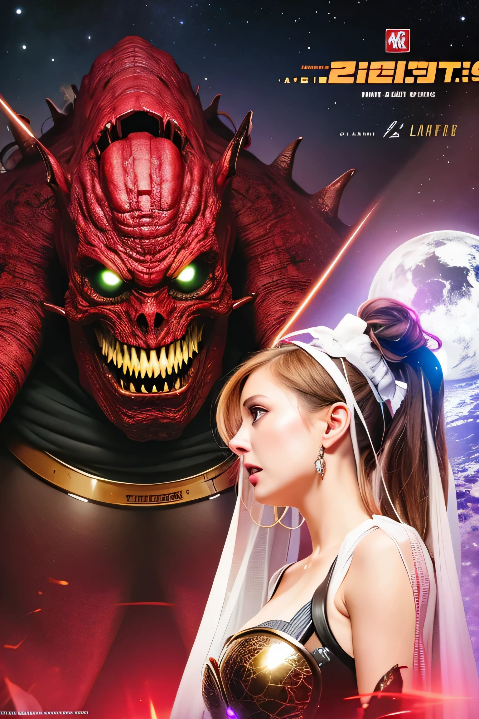 Sci-fi horror movie poster、Beautiful woman attacked by a mysterious space monster