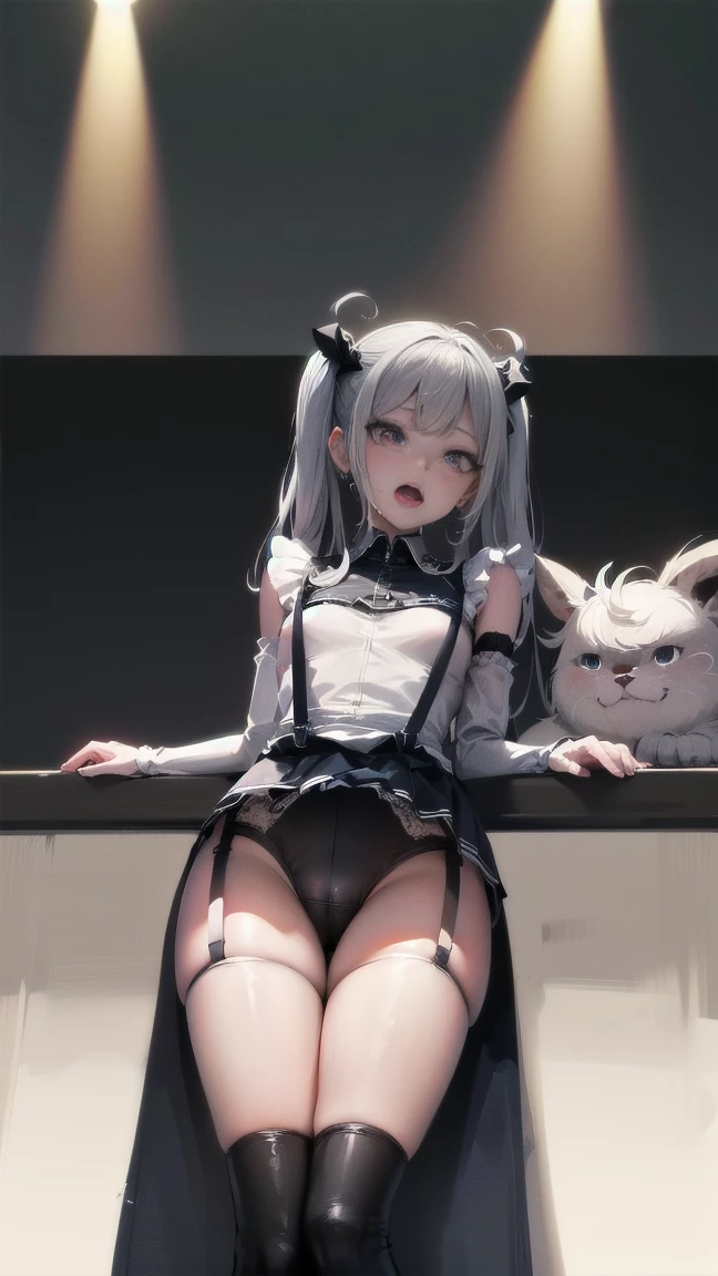 BESTquality,Super Resolution,(very cute),(high twin tail hair:1.5),(Images with no viewing restrictions:1.8),(She is showing off her crotch by spreading it wide on both sides.:1.5),(whole body:1.2),(From belowもangle:1.2),(sexy),(White silk knee socks:1.2),(Thin suspenders:1.2),(garter belt:1.3),(Sit with your crotches wide open to the left and right.:1.2),(delicate),(highqualityanime),From belowもangle:1.2,(Sit with UPlegs:1.3),({ Leone Olfa :1.3 }) ,若いShinyShiny白いShiny肌、Platinum blonde hair with dazzling highlights、Shiny明るい髪,Smooth Hair、輝くbeautiful前髪、Shiny, Transparent and attractive、とてもbeautiful, Nice and cute 、High resolution、Very detailedな写真、Professional Lighting、(Spread your legs wide and show your panties to the camera.:1.3)、(masterpiece, highest quality:1.2), alone, , sexy , {{{masterpiece}}}, {{{highest quality}}}, {{Very detailed}}, {{とてもdelicateでbeautiful}}, ,(High two side up hairstyle:1.5), very cute ,(Flat Chest, Small hips, Maid, Black Skirt, (White knee-high socks:1.3), (((legsUP:1.3))), ((Pushed backwards:1.5)), (Place your arms behind your back:1.2),,Tilt your head, In the heat, Open your mouth, Drooling, (((From below))),, (((Upper Body))), (animation, indoor, On the bed, (whole body:1.2),(Thin suspenders:1.2),(garter belt:1.3),(Silk knee socks),Drooling,(Completely hairless crotch 1.3),(short hair),(Slim and round body:1.2,((Tattoo on crotch:1.2),((beautiful:1.2),(Semi-rear stick:1.2),(Bright lighting:1.2),(Small breasts:1.3),(Double Hand is completely restrained by chains, (Upper Bodyは鎖とロープで完全拘束状態:1.3),(Cute face(Ahegao:1.2),(silverhair)({ KMS Elbe :1.3 })