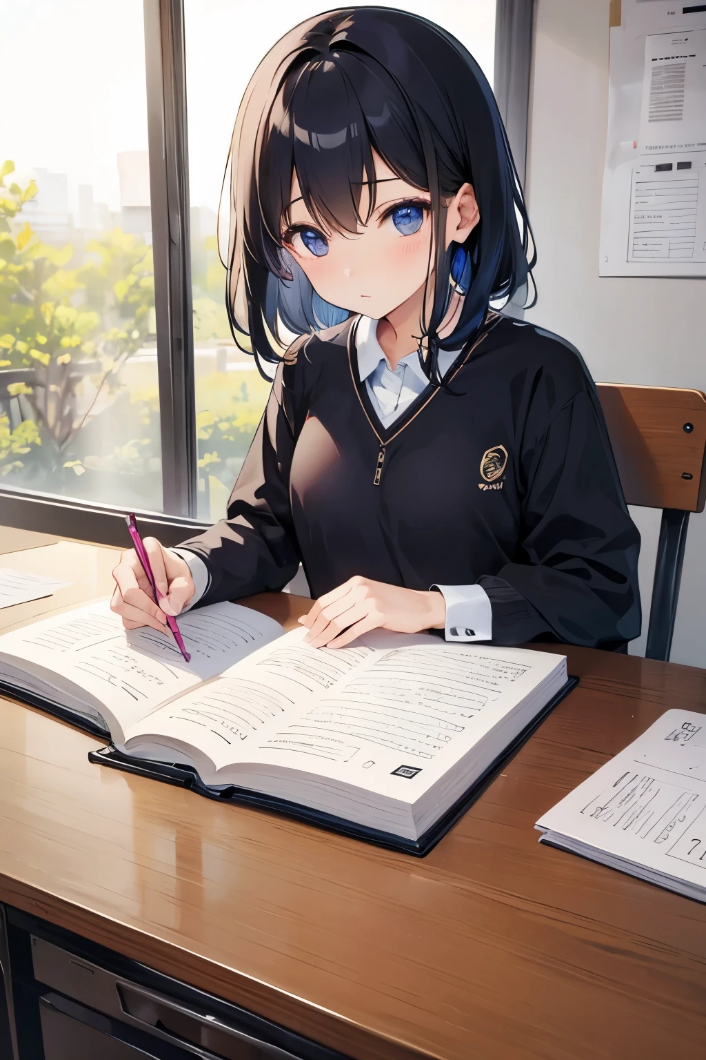 One female、study、writing in notebook