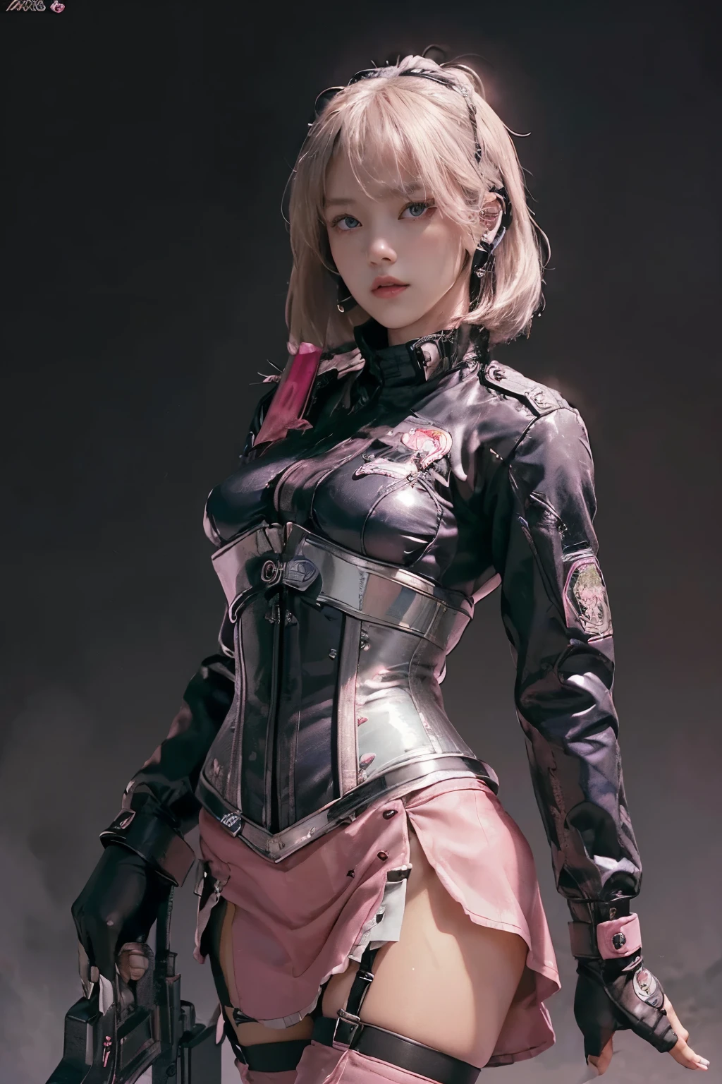 Lisa black pink, (Top Quality, Ultra High Definition, Photorealistic: 1.4), (cowboy shot:1), 1 Beautiful Girl, Detailed Face, (Hair Style gradation: blonde:0.6Silver:0.4, fullbang, shortbob-style:1), Combata pose, Contrapposto, Perfect Anatomy, Smooth Skin, Professional Lighting, (wear color pink black silver),((wearing Futuristic Police Racing Suits, low-mini-skirt, police wappen, High-tech Headset, military gun-corset, racing gloves, machinegun)), (Cloths colors based on red silver pink black), (background, backstrage),