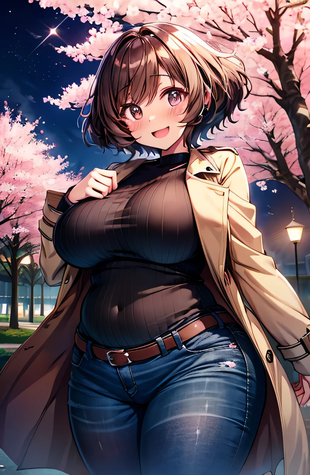 Anime illustration、highest quality、A short and plump high school girl、Night Park、Illuminated cherry blossoms、Cherry-blossom viewing、trench coat、hot pants、Perfect proportions、overwhelmingly big breasts、Beautiful, shining eyes、Cowboy Shot、Blushed、smile