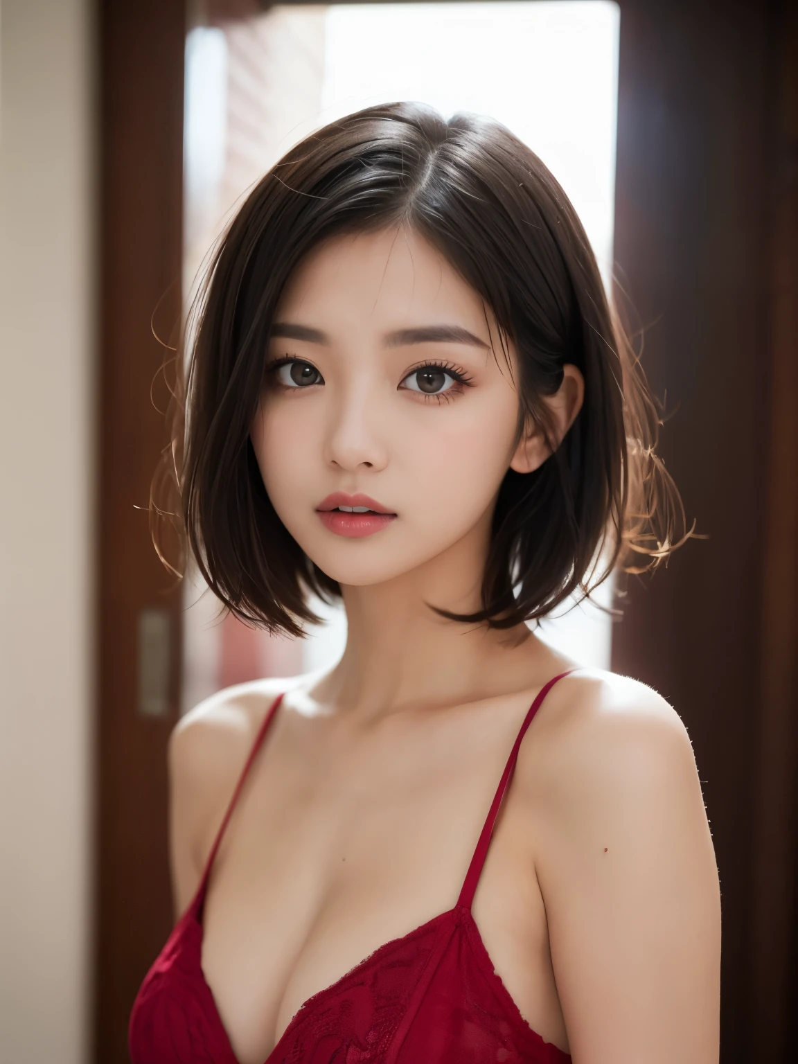 Ulzzang-6500-v1.1, (RAW Photos:1.2), (Photorealistic), (See-through:1.3), (Genuine:1.4), (Pieces fly:1.3), beautiful women, actress, masterpiece, 90&#39;Atmosphere of, Cutting-edge appearance, highest quality, Very detailed, Photorealistic, Shining Eyes, Detailed face, clavicle, beautiful eyes, black eye, detailed eyeshadow, Black Hair, Lip gloss, Pink Lip, compensate, (charm:1.5), Sharp focus, Clear Eyes, hunter's eyes, eyelash, whole body, (Wavy Hair:1.1),(short hair:1.3), Intense sexy dress,(beautiful:1.5)