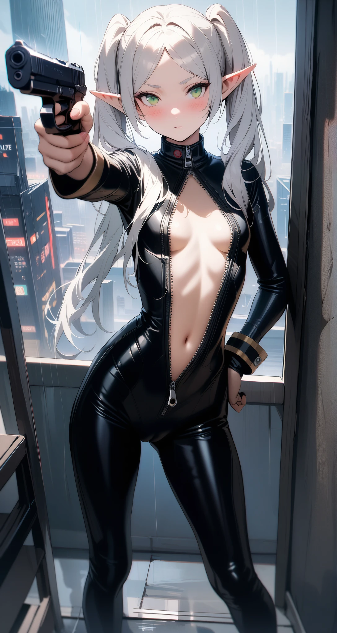 high-key and low-variance brightness scale,soft light,realistic light and shadow,light and dark interlaced,(aiming at viewer:1.4),looking at viewer,dramatic angle,(solo:1.6),
(masterpiece),(best quality),(highres),(by famous artist),(((official art))),(by Paul Hedley),(illustration),
1girl,(frieren),(elf),agent female,
(small breasts:1.3),(cameltoe),(whole body),(round face),(pointy ears),(slim legs),(skinny body),(detailed beautiful face),lustrous skin,shiny skin,(articulated fingers),navel,stomach
(black latex bodysuit:1.4),(zipper,center opening, unzipped,cleavage:1.3),long sleeves,gloves,leather pants,leather boots,
indoor,(cyberpunk city,kowloon,rain),
((expressionless)),blush,((squatting to the wall)),handgun,(holding dual pistol:1.4),hand on hip,
(green eyes:1.3),
(white hair),long hair,twintails,parted bangs,(reflective hair),