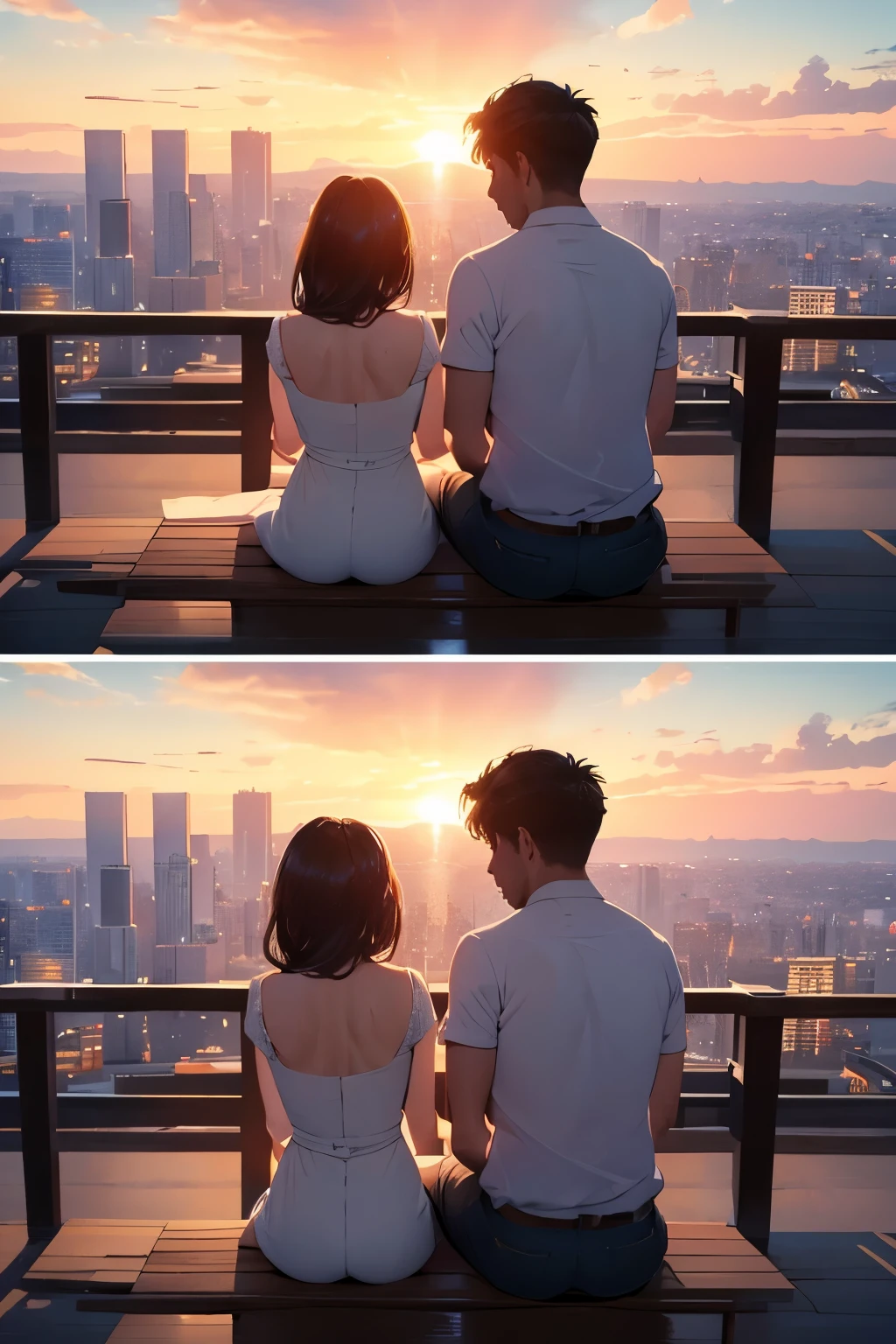 couple, man and girl sitting and watching the sunset, observation deck, romantic setting, (best quality, 4k, 8k, high resolution, masterpiece: 1.2), ultra-detailed, (realistic, photorealistic, photo-realism: 1.37), HDR, UHD, studio lighting, ultra-fine graphics, clear focus, physical visualization, extremely detailed description, professional, bright colors, bokeh, sunset landscape