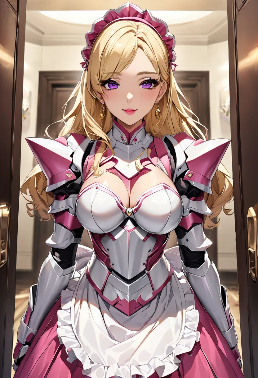 masterpiece、highest quality、Ultra-high resolution、Maximum resolution、Very detailed、Professional Lighting、anime、Adult women、thin、so beautiful、Beautiful face、Maid clotheini skirt、((Pink and white armor))、Shiny Armor、have a bow、Golden earrings、Blonde、purple eyes、Pink Lips、In front of the entrance、A long shot