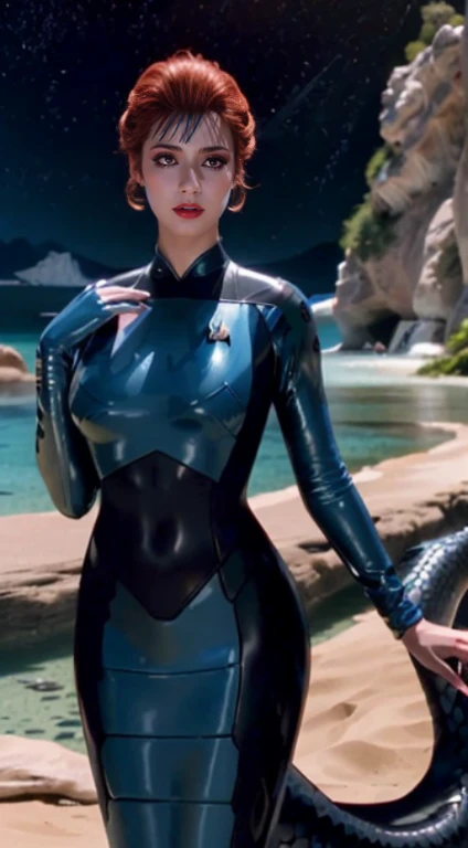 8K UHD,RAW photo,((TAWNY NEWSOME)),(mermaids:1.2),((wearing star trek blue latex outfit uniform))(Elongated snake tail:1.3),Red long-haired,The face is delicate,Skin is smooth and delicate,Full breasts,Crystal clear scaleeticulous hands,(see-through gloves),Stand up,(Real Human:1.3),(A high resolution:1.4),(A detailed:1.5),(photorealestic:1.7),RAW photo,Portrait Photogram,RAW photo,超A high resolution,Foto realism,best qualtiy,(highdetailskin,skin detailed),Visible Pore,Shiny skin,tmasterpiece,finedetail,Colorization,Extremely Delicately Beautiful,Extremely detailed 8k wallpaper,8K high quality,Digital SLR,beautifuldetails,(looking at viewert),professional photograph lighting,Faraway view