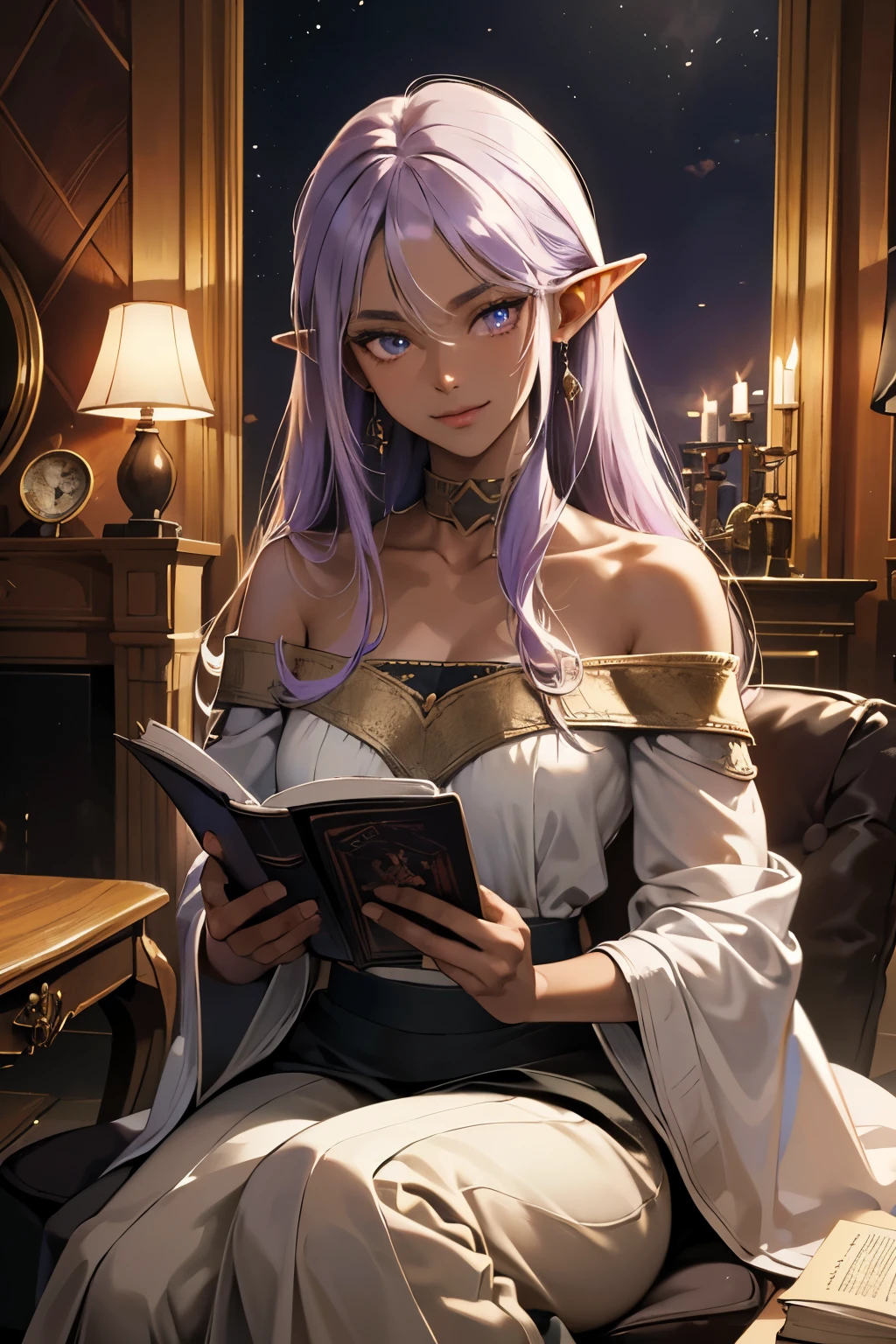 (absurdres, highres, ultra detailed),Masterpiece,intricate details,Best quality,8k,Realistic face,Realistic skin texture,magnified textures, stunning clarity, anime girl,kind girl,ultra detailed eyes and faces,(elf ears),(dark skin:1.5),light purple hair,long hair,smile,22 years old,off-the-shoulder top,long skirt,reading a book,(look at viewer),tsurime,(fireplace),cozy mood,(medieval fantasy),Rockin' Chair,Bookshelf,cinematic lighting,(night:1.2),faint light,darkness