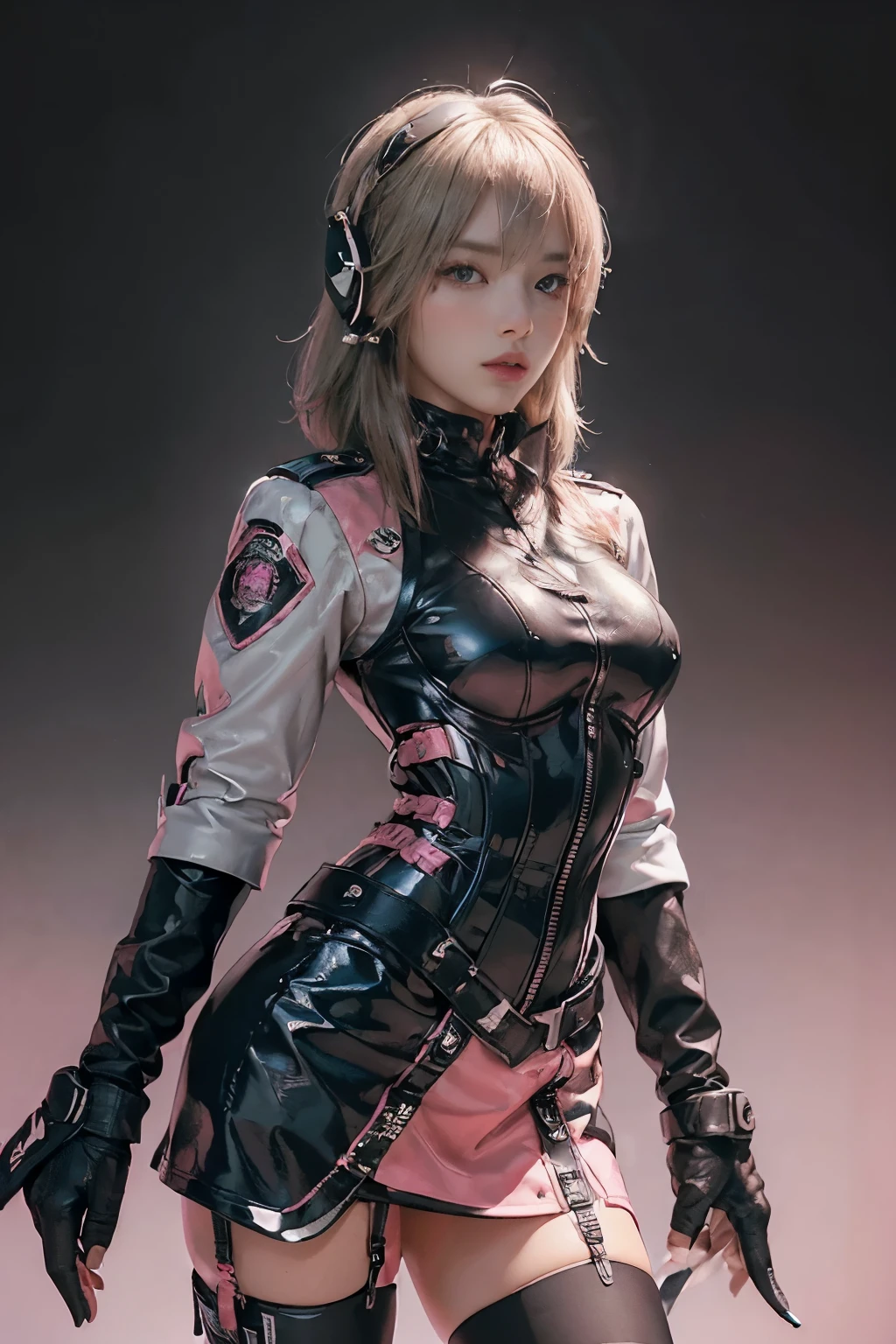 Lisa black pink, (Top Quality, Ultra High Definition, Photorealistic: 1.4), (cowboy shot:1), 1 Beautiful Girl, Detailed Face, (Hair Style gradation: blonde:0.6Silver:0.4, fullbang, shortbob-style:1), Combata pose, Contrapposto, Perfect Anatomy, Smooth Skin, Professional Lighting, (wear color pink black silver),((wearing Futuristic Police Racing Suits, low-mini-skirt, police wappen, High-tech Headset, military gun-corset, racing gloves, machinegun)), (Cloths colors based on red silver pink black), (background, backstrage),