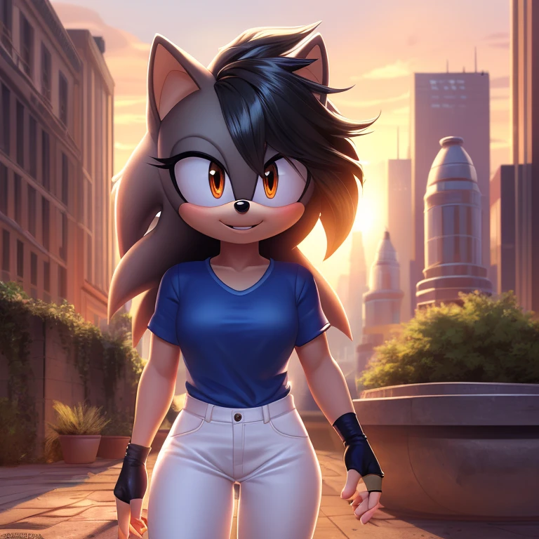 best quality, ultra-detailed, cinematic lighting, beautiful lighting, ((Masterpiece)), hi res, detailed, detailed background, vibrant lighting, high quality, cartoon style, 2d, (Mobian:1.1), solo, (((1girl))), (((female))), (((dark grey Mobian hedgehog))), dark grey body fur, ((dark grey head spikes, black highlights:1.3)), 3 tails, (((dark grey tails))), orange eyes, lean body, ((adult)), dark grey tails, (((blue short t-shirt, white pants, fingerless black gloves))), looks at viewers, bright blush, cute smile, soft, standing, night city