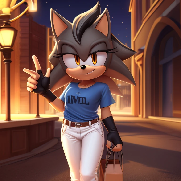 best quality, ultra-detailed, cinematic lighting, beautiful lighting, ((Masterpiece)), hi res, detailed, detailed background, vibrant lighting, high quality, cartoon style, 2d, (Mobian:1.1), solo, (((1girl))), (((female))), (((dark grey Mobian hedgehog))), dark grey body fur, ((dark grey head spikes, black highlights:1.3)), 3 tails, (((dark grey tails))), orange eyes, lean body, ((adult)), dark grey tails, (((blue short t-shirt, white pants, fingerless black gloves))), looks at viewers, bright blush, cute smile, soft, standing, night city