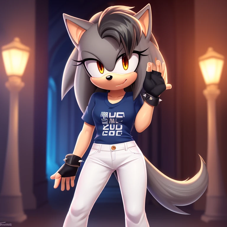 best quality, ultra-detailed, cinematic lighting, beautiful lighting, ((Masterpiece)), hi res, detailed, detailed background, vibrant lighting, high quality, cartoon style, 2d, (Mobian:1.1), solo, (((1girl))), (((female))), (((dark grey Mobian hedgehog))), dark grey body fur, ((dark grey head spikes, black highlights:1.3)), 3 tails, (((dark grey tails))), orange eyes, lean body, ((adult)), dark grey tails, (((blue short t-shirt, white pants, fingerless black gloves))), looks at viewers, bright blush, cute smile, soft, standing, night city