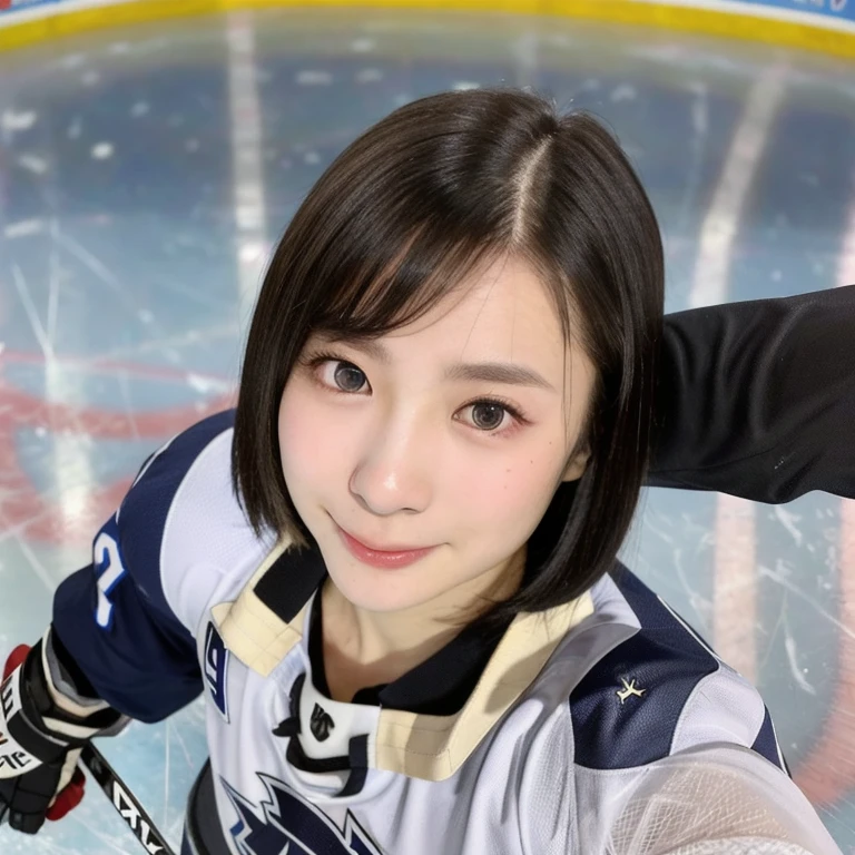 (kawaii 24year-old Japanese girl, Nogizaka idol, Korean idol), female ice hockey player, (glossy black hair, very short hair:1.3), (rounded face, black eyes, single eyelid, no makeup, soft smiling:1.2), (wearing long sleeved ice hockey jersey:1.5), ice hockey gloves, ice hockey helmet, (flat chest, extra small breasts:0.8), (looking at viewer:1.2), BREAK, (skating at ice skate arena:1.3), (view from above, close shot, face focus:1.3), BREAK, (masterpiece, best quality, photo realistic, official art:1.4), (UHD, 8K quality wallpaper, high resolution, raw photo, golden ratio:1.3), (shiny skin), professional lighting, physically based rendering, award winning, (perfect anatomy, highly detailed skin, extremely detailed face and eyes:1.2), Carl Zeiss 300mm F/2.8, depth of field, 1girl, solo, nhl player, national hockey league player,