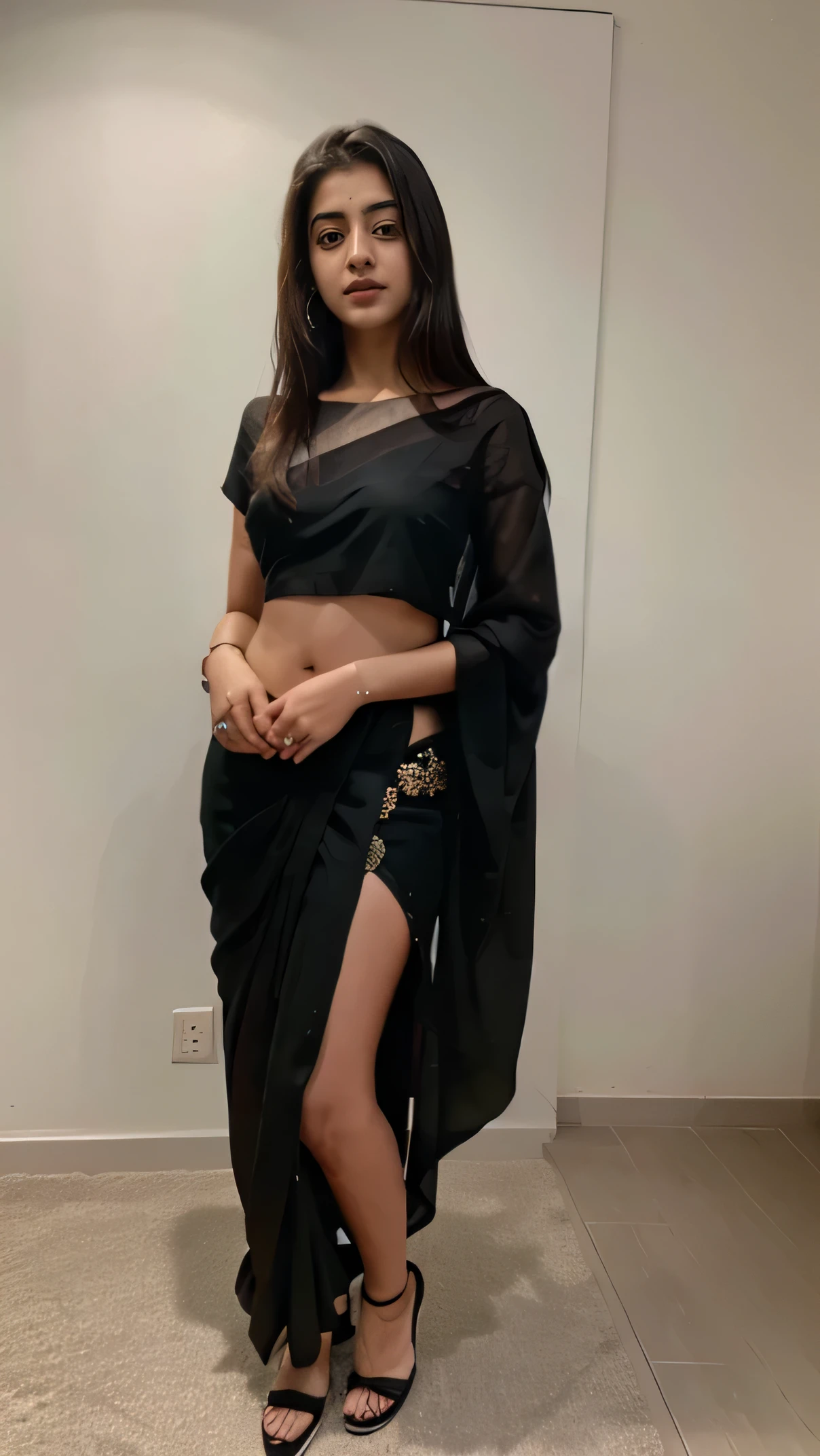 21 yo India women, Ananya Pandey, black saree , jwellery ,hand small bage, wedding full body view perfect anatomy, realistic,