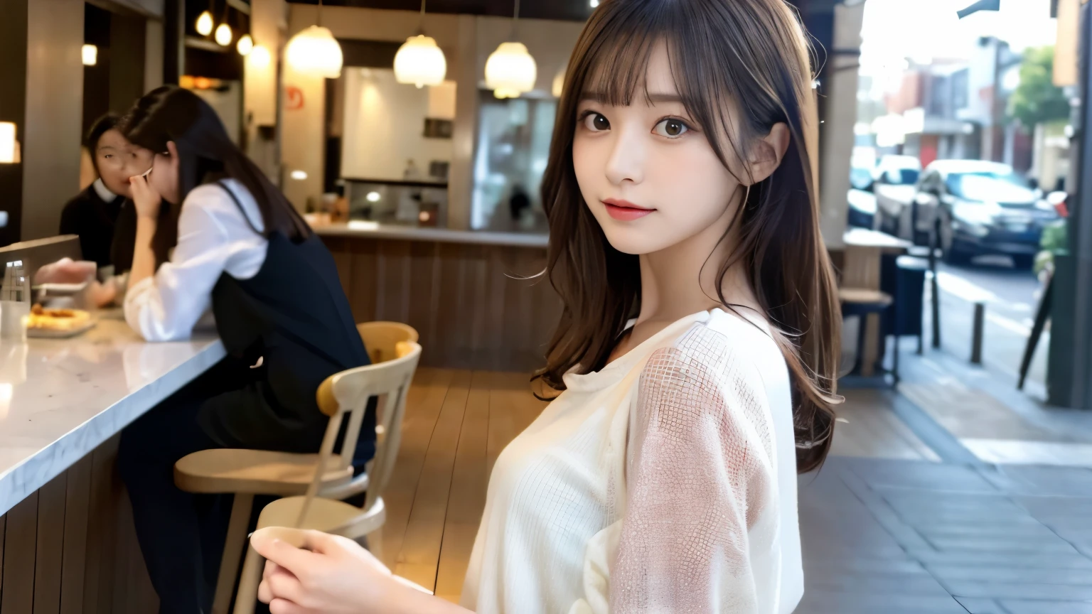 super high quality, Slender, Gravure photoshoot, The staff is working at the counter in the back., (8k、RAW Photos、highest quality、masterpiece:1.2), Japanese Idol, Stylish café, (Realistic、Photorealistic:1.37), Beautiful Face , Bob Hair, Mesh Hair, Normal chest, Urban Cafe, Golden Ratio, Raw photo, Bright cafe interior, Blurred Background, Spring Clothes, Beautiful hairstyle, 20-year-old, Hair blowing in the wind, Neat clothes, 
