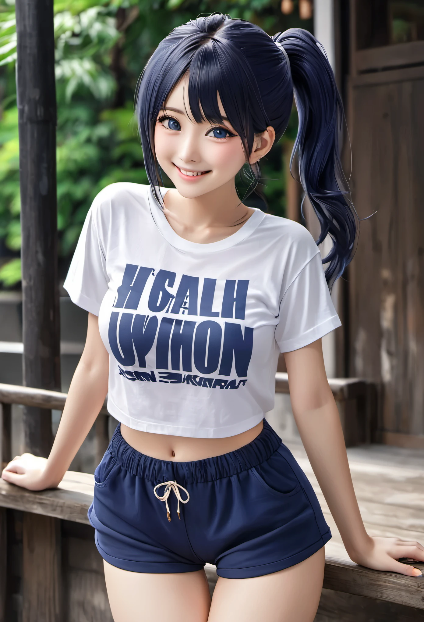 White large plain T-shirt)),((Navy Blue Bloomers)) 、Big Tits、ponytail、Japanese Girls、8K、((Full Body Shot))、highest quality、masterpiece、Real、Photorealistic ultra-detailed、One Girl、cute、The best smile、Beautiful Eyes、Long Hair、Perfect Face、Full Body Shot
