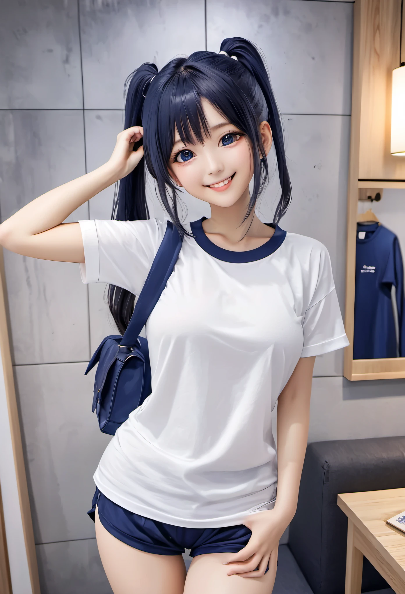 White large plain T-shirt)),((Navy Blue Bloomers)) 、Big Tits、ponytail、Japanese Girls、8K、((Full Body Shot))、highest quality、masterpiece、Real、Photorealistic ultra-detailed、One Girl、cute、The best smile、Beautiful Eyes、Long Hair、Perfect Face、Full Body Shot