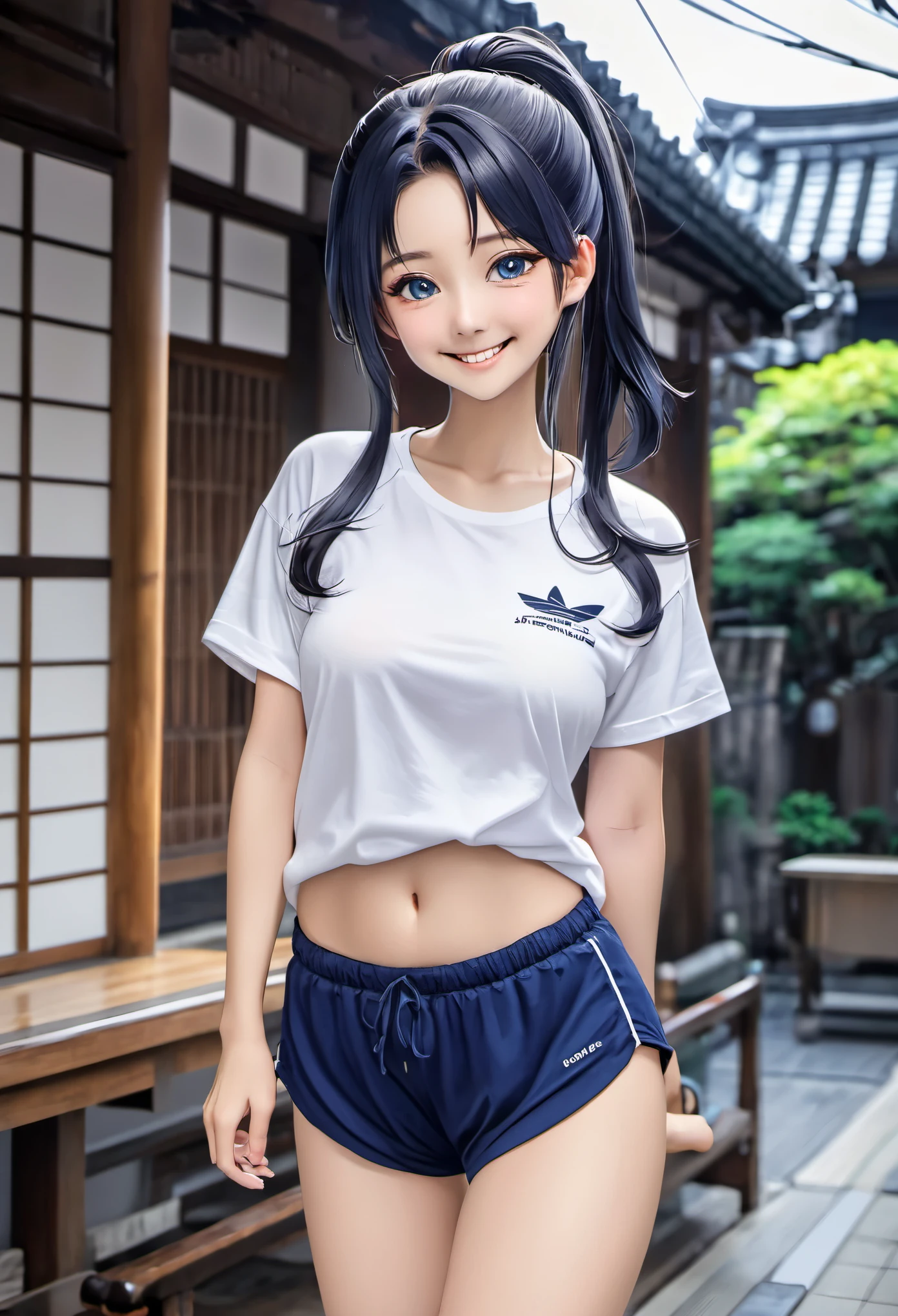White large plain T-shirt)),((Navy Blue Bloomers)) 、Big Tits、ponytail、Japanese Girls、8K、((Full Body Shot))、highest quality、masterpiece、Real、Photorealistic ultra-detailed、One Girl、cute、The best smile、Beautiful Eyes、Long Hair、Perfect Face、Full Body Shot