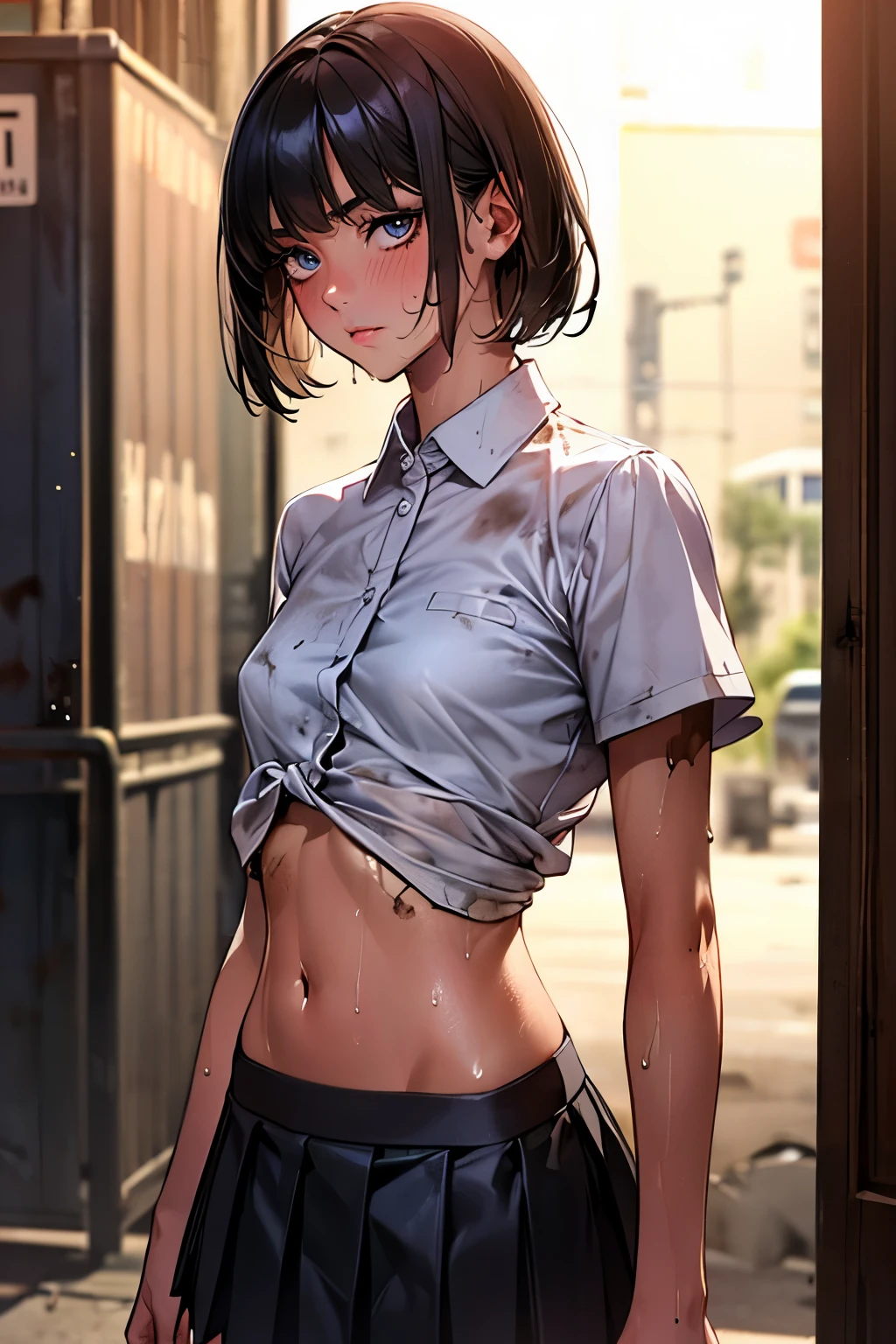 1girl, solo, white polo shirt, white sneakers, tennis wear, white mini skirt, masterpiece, best quality, realistic, super detailed, ridiculous, looking at the audience, short black hair, brown eyes, slender, dynamic light and shadow, high resolution, sharp focus, depth of field, fine eyes, sharp pupils, realistic pupils, (small chest: 1.6), (thigh thickness: 1.0), outdoor, sky