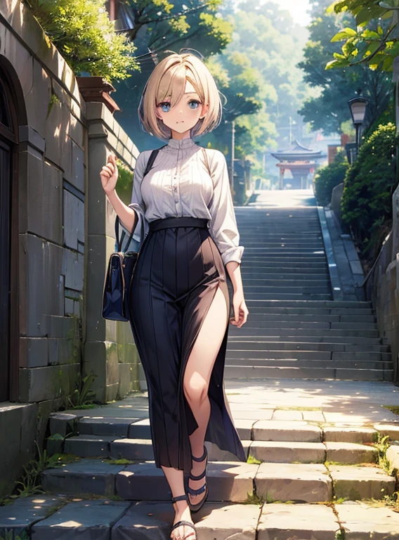 Attractive breasts、Beautiful and attractive anime woman, Enchanting anime girl, Top rated on pixiv、healthy body、Short Bob、Kyoto Travel、Cute clothes、Highly revealing clothing、Walking up stone stairs