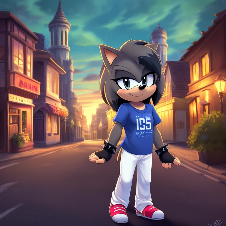 best quality, ultra-detailed, cinematic lighting, beautiful lighting, ((Masterpiece)), hi res, detailed, detailed background, vibrant lighting, high quality, cartoon style, 2d, (Mobian:1.1), solo, (((1girl))), (((female))), (((dark grey Mobian hedgehog))), dark grey body fur, ((dark grey head spikes, black highlights:1.3)), 3 tails, (((dark grey tails))), orange eyes, lean body, ((adult)), dark grey tails, (((blue short t-shirt, white pants, fingerless black gloves))), looks at viewers, bright blush, cute smile, soft, standing, night city