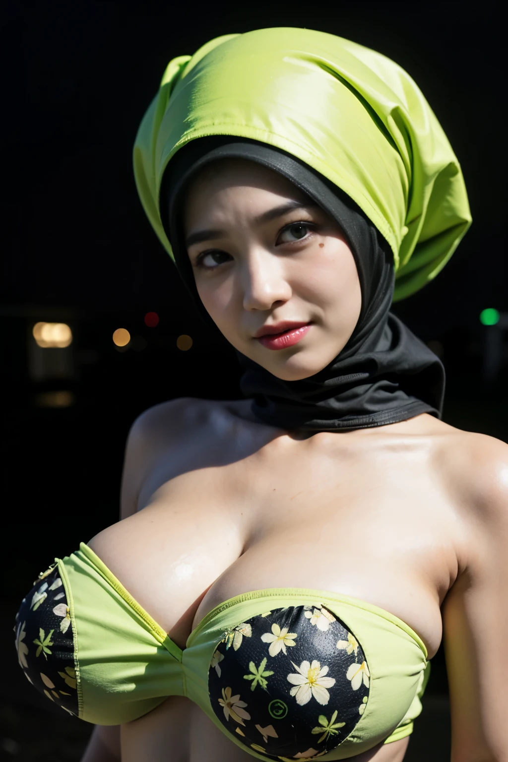 ((Saggy tits:1.5)), ((Gigantic tits:1.7)), (from behind up) seductive pose, ((Thin:2.1)), (Happy smile), (((HIJAB MALAY GIRL))), masutepiece, High quality, UHD 32K, Realistic face, Realistic skin feeling , A Japanese Lady, 58 years old matured lady, (((FLAT CHEST))), (Night time at forest), ((look In front at the camera and SADNESS)), (((GREEN FLUORESCENT & GREEN FLUORESCENT))), ((GREEN FLUORESCENT LIPS)), ((Floral Pattern)), ((wearing strapless top)), dark night background , black forest night, horror scary place,