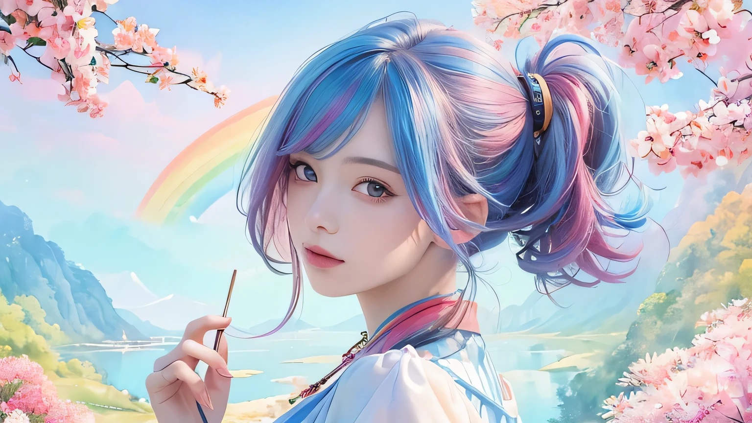 (masterpiece, highest quality, highest quality,watercolor (Moderate),Official Art, Beautiful and beautiful:1.2),(1 girl:1.3), (Fractal Art:1.3),Upper Body, From the side, Looking at the audience,pattern,(Rainbow Hair,Rich and colorful hair,Half Blue Half Pink Hair:1.2),water,liquid, cloud,Rich and colorful, starry sky,star,