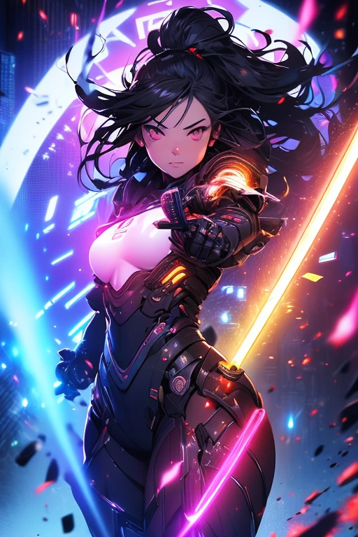(masterpiece, best quality:1.1),
(8k, best quality, masterpiece, ultra highres, ultra-detailed:1.2),future technology,1girl,A japanese samurai girl wearing a cyberpunk-style mecha costume,beautiful detailed,eyes with large irises,small mouth,Shining Japanese sword,dynamic pose,(glowing electronic screen),(Electronic information flow:1.3),Holographic projection,(Glowing electronic screen on arm:1.2),whole body,Multi-wire striations,Luminous text on thigh,(girl pose:1.2),Glowing electronic shoes,whole body,Colored smoke,City blocks,skyscraper,neon lights,