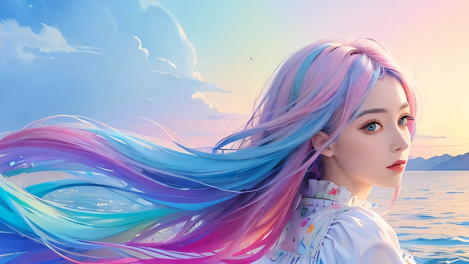(masterpiece, highest quality, highest quality,watercolor (Moderate),Official Art, Beautiful and beautiful:1.2),(1 girl:1.3), (Fractal Art:1.3),Upper Body, From the side, Looking at the audience,pattern,(Rainbow Hair,Rich and colorful hair,Half Blue Half Pink Hair:1.2),water,liquid, cloud,Rich and colorful, starry sky,star,