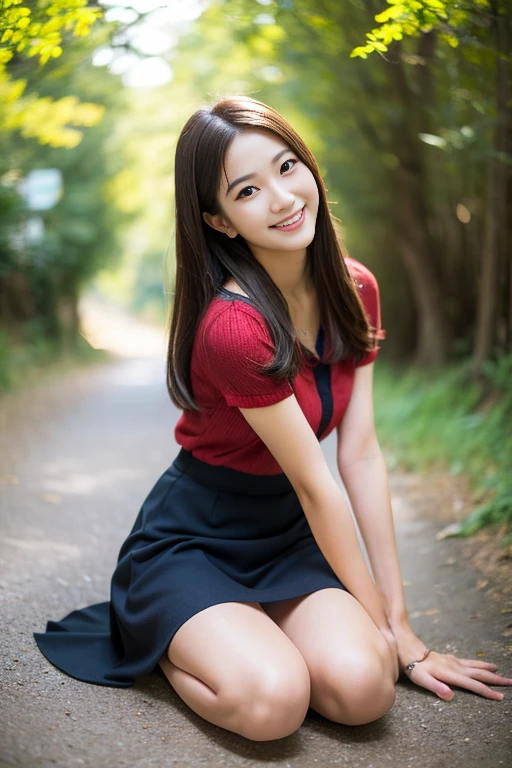 Realistic photo quality、masterpiece、High resolution、Female portrait、Sit on the ground with both feet straight out in front of you、Facing directly ahead、Beautiful legs extending from the skirt、足と手とbeautiful顔、The whole body of the person、Lightweight earth-toned dresini skirt、Cleavage、beautiful20Old Japanese woman, Cute smile, Girl cute beautiful face, Looking at the camera、Cute young woman, Beautiful girl model, An innocent smile, Gentle expression、Soft look、Cute seductive smile, beautiful日本人モデル,Idol、 Lovely lady, Smiling Kindly, Beautiful Smile, とてもbeautiful女の子、forest path、Small hands, beautiful hands:1.8、looking at the camera:1.8