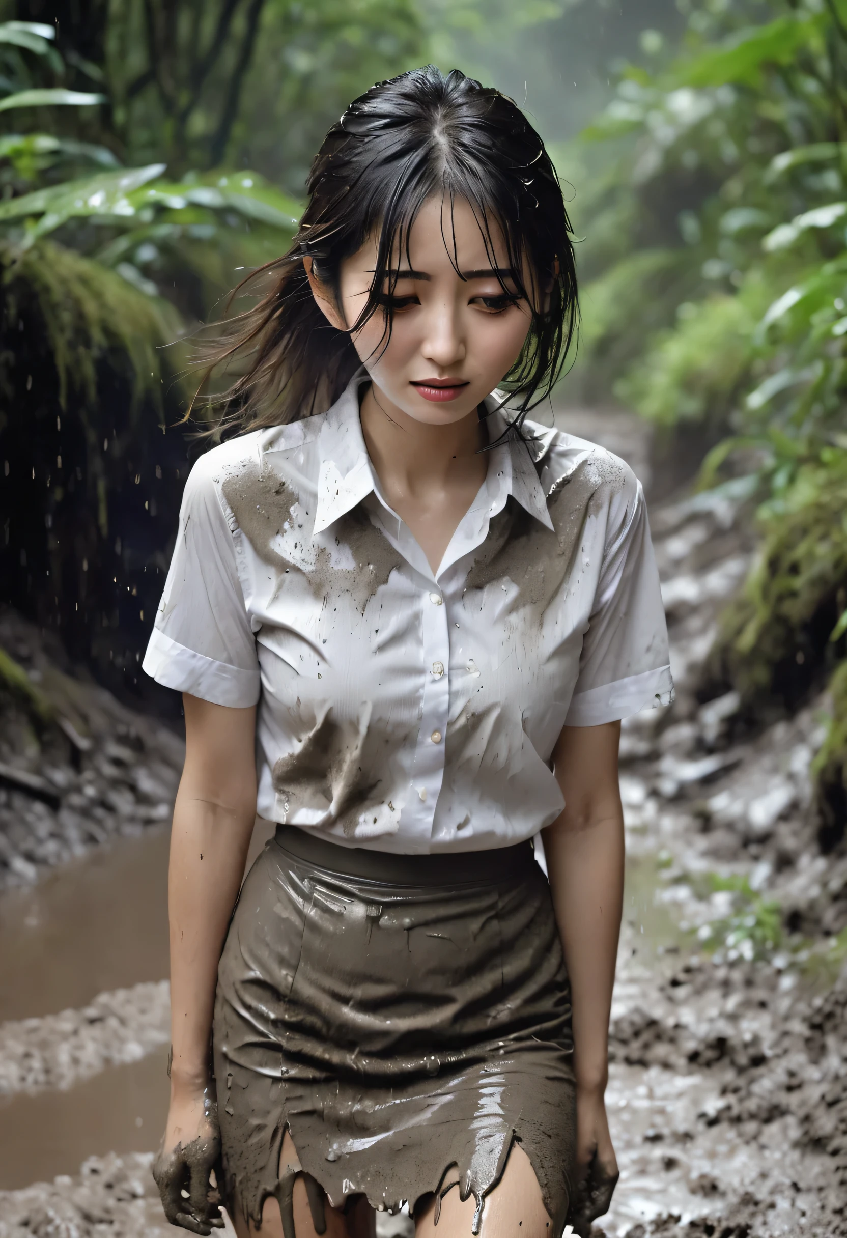 (highest quality, 4K. photograph, Fine:1.4), (A Japanese businesswoman covered in mud), 18-year-old, very cute, Crying loudly, A very dirty and tattered grey tight skirt, A very dirty and tattered white short-sleeved shirt, Are crying, Very beautiful, Thighs, A tattered, dirty, grey tight skirt, covering one&#39;s chest with one&#39;s arms, Are you crying because you&#39;re embarrassed?, A tattered and dirty white shirt, Mountain trail, Walking while crying, jungle, Muddy,　
