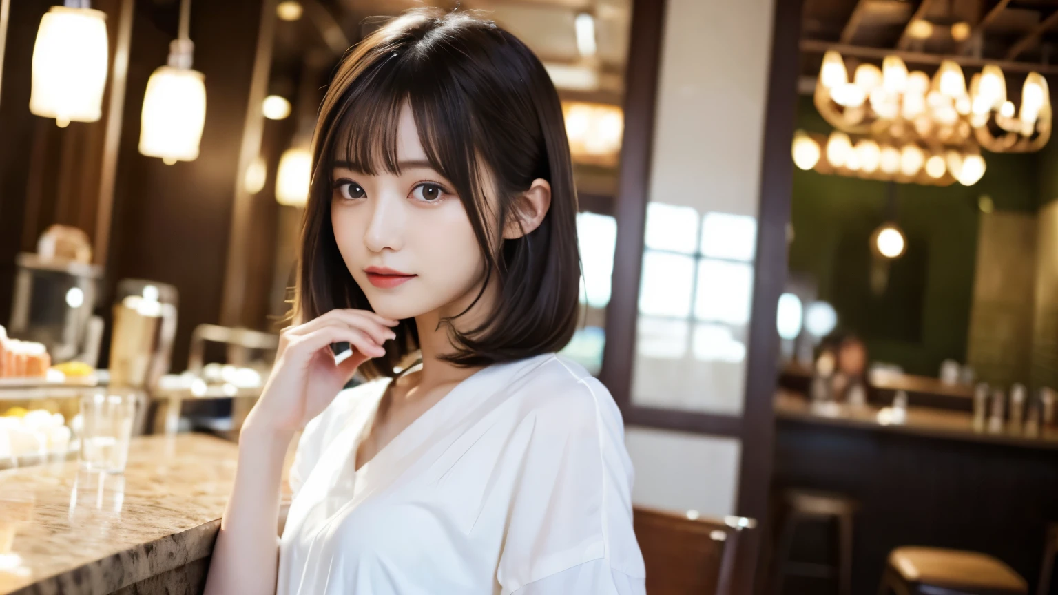 super high quality, Slender, Gravure photoshoot, The staff is working at the counter in the back., (8k、RAW Photos、highest quality、masterpiece:1.2), Japanese Idol, Stylish café, (Realistic、Photorealistic:1.37), Beautiful Face , Bob Hair, Mesh Hair, Normal chest, Urban Cafe, Golden Ratio, Raw photo, Bright cafe interior, Blurred Background, Spring Clothes, Beautiful hairstyle, 20-year-old, Hair blowing in the wind, Neat clothes,