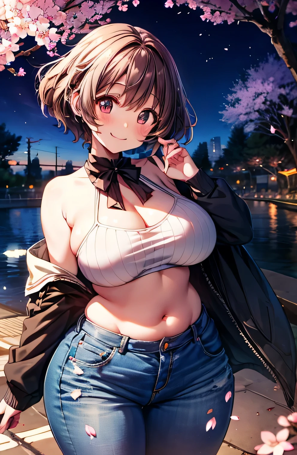 Anime illustration、highest quality、A short and plump high school girl、Night Park、Illuminated cherry blossoms、Cherry-blossom viewing、Tube top、hot pants、Perfect proportions、overwhelmingly big breasts、Beautiful, shining eyes、Cowboy Shot、Blushed、smile