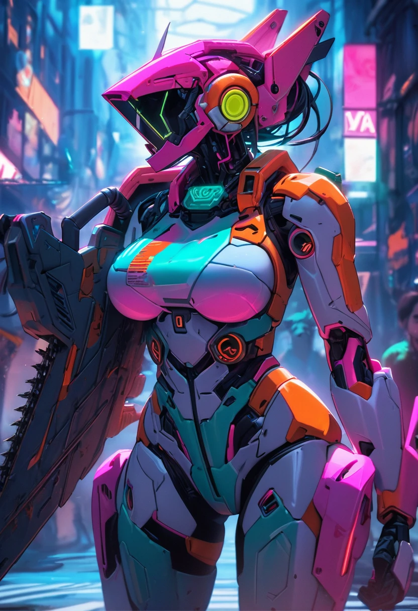 Pokémon-inspired mech, Dead, sexy, Large Breasts, dark_Fantasy,cyber punk,(Chainsaw,Chainsaw man,red:1.1),1 person,Wonders of the machine,Robotic presence,Cybernetic Guardian, wearing a worn-out mech suit, Complex, (Steel Metal [Rusted]), elegant, Clear focus, Photo by Greg Rutkowski, Soft lighting, Vibrant colors, masterpiece, ((street)), Cowboy Shot, Dynamic pose,