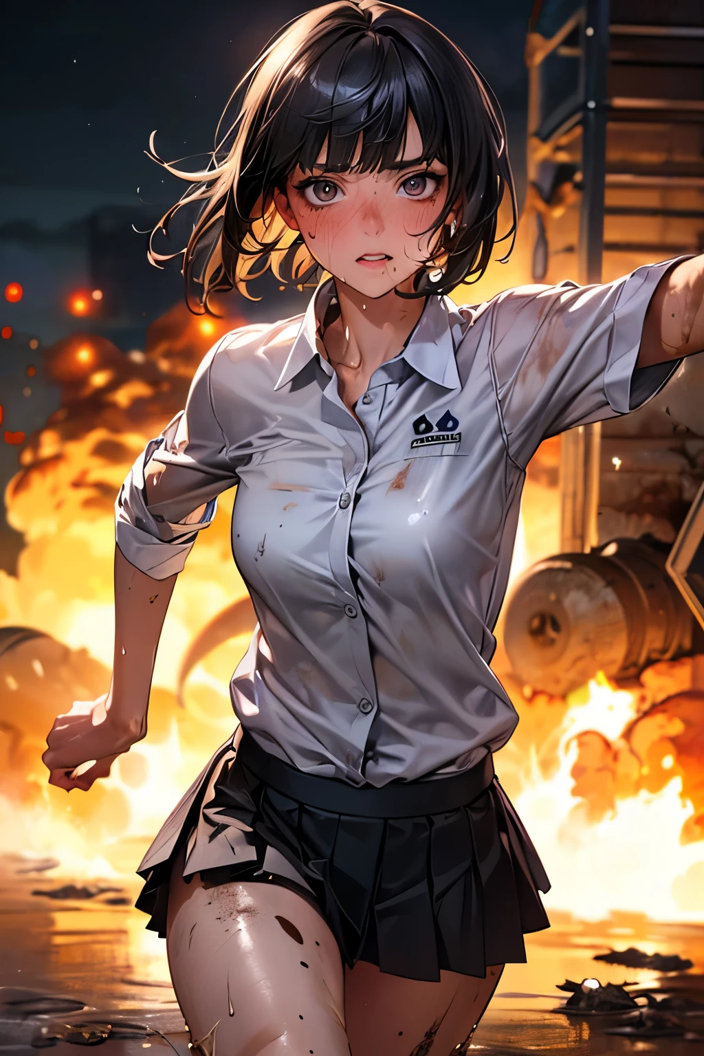 ((battlefield、Running Woman、Big Explosion:1.5)),(((perfect anatomy:1.2,realistic:1.4,RAW Photography:1.4,masterpiece、highest quality、Ultra - High resolution、High resolution、Highly detailed CG、8K))),cowboy shot,1 female,solo、18 year old beauty,Japanese,((beautiful detailed face and eyes:1.3,big gorgeous eyes:1.3,gray eyes)),black hair,short bob hair,blunt bangs,blush,(medium breasts,slender body,small head:1.3,skinny),(gleaming skin:1.4,oily skin,shiny skin),((Dirty with mud:1.5、sweat:1.5)),(White business shirt、Pleated black mini skirt)、Port warehouse district、container、at night、moonlight,