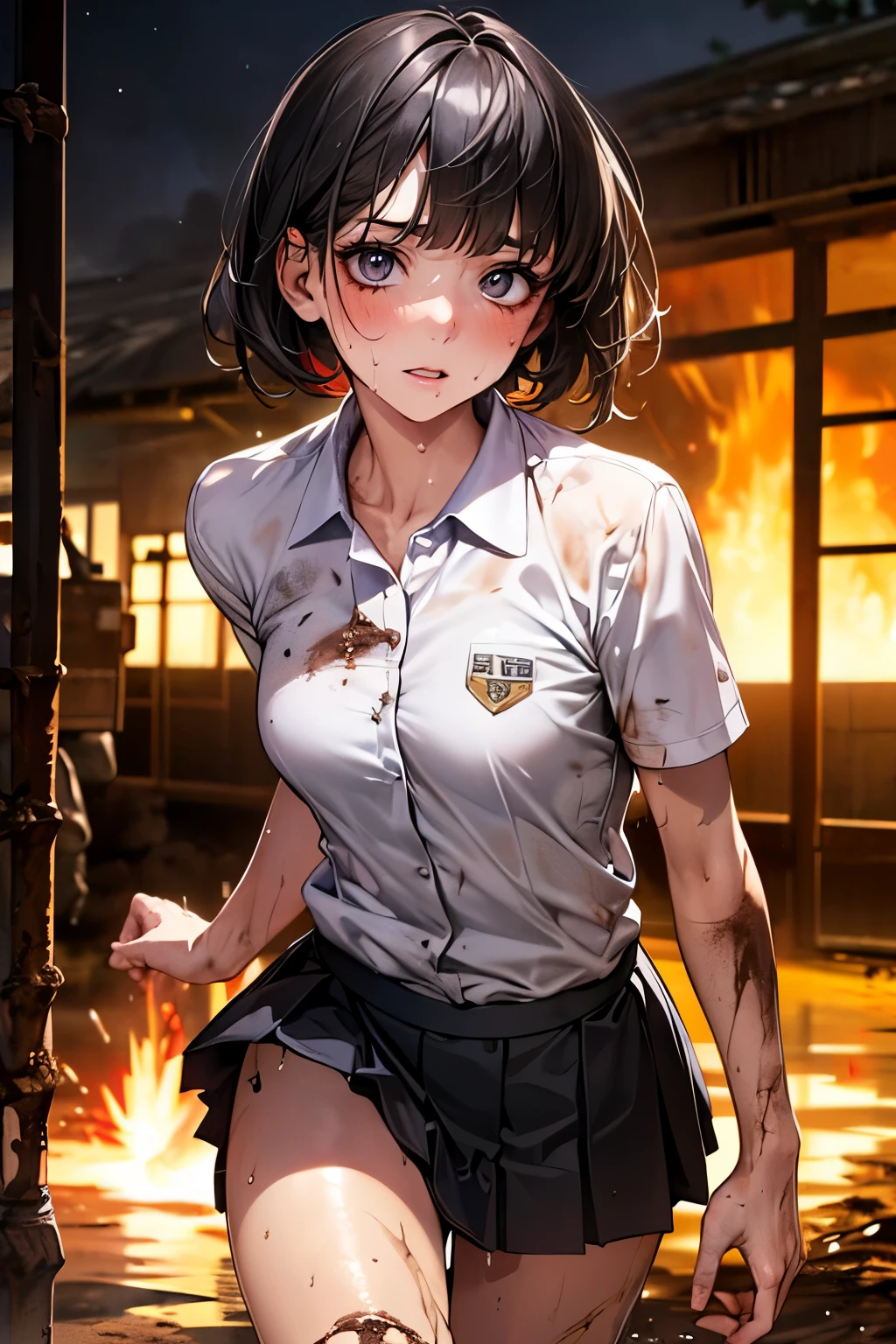 ((battlefield、Running Woman、Big Explosion:1.5)),(((perfect anatomy:1.2,realistic:1.4,RAW Photography:1.4,masterpiece、highest quality、Ultra - High resolution、High resolution、Highly detailed CG、8K))),cowboy shot,1 female,solo、18 year old beauty,Japanese,((beautiful detailed face and eyes:1.3,big gorgeous eyes:1.3,gray eyes)),black hair,short bob hair,blunt bangs,blush,(medium breasts,slender body,small head:1.3,skinny),(gleaming skin:1.4,oily skin,shiny skin),((Dirty with mud:1.5、sweat:1.5)),(White business shirt、Pleated black mini skirt)、Port warehouse district、container、at night、moonlight,