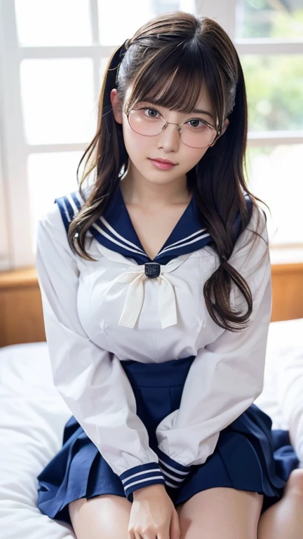 Sitting with legs crossed,1 girl, Very bright backlight,alone, {Beautiful and detailed}, Photo lying in bed, Very beautiful big (Huge breasts:1.5) And a small waist ((Press the chest)) 、Big Breasts,Calm expression, Natural soft light,, Delicate features, Blunt bangs, Beautiful Japanese Girl, 18-year-old, ((Seductive pose)), attractive figure,(Blonde), Light grain, Real Hands, masterpiece, highest quality, Realistic, Very detailed, In detail, High resolution,Beautiful Hair, Perfect dynamic composition, Beautiful and beautiful eyes, Japanese Idols,((I'm nervous and embarrassed)),Sharp focus, beauty mix, (Sailor suit:1.3),Movie Girl,Exhibitionism,shirt,skirt,Showing off,Semi-long hair,Curly Hair,Twin tails,shame,Glasses