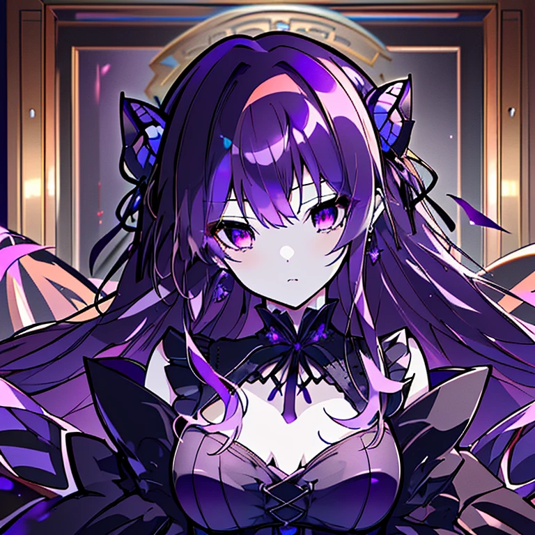 (highest quality,High resolution,Super detailed,wonderful,)Purple Hair,Long Hair,Curly Hair,Purple Eyes,Sharp Eyes,Gothic Lolita,Black Dress,gorgeous,Cinema Lighting,Earrings,thought,Bust-up perspective,butterfly,