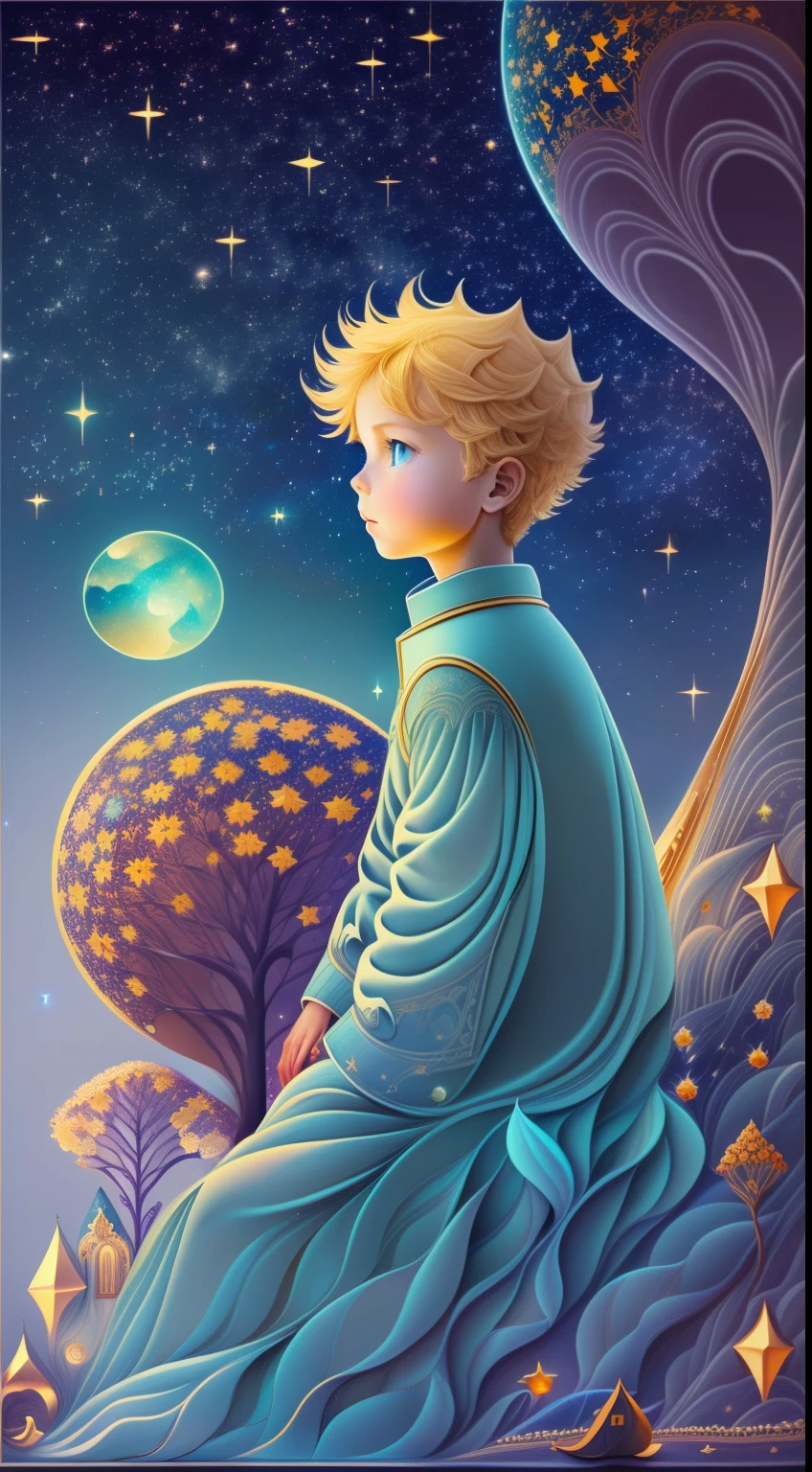 half portrait, Best Quality, Masterpiece, extra high resolution, (foto realista: 2.5), surrealism, dream-like, ((The image of the Little Prince)),  hair light, light blue eyes, Starry sky, Next to him sits 1lis, night time, Stars, galaxy, There is also a rose and a planet, Sprouted baobabs , ((The Little Prince)),  Fairytale painting, A bright light masterpiece, The Little Prince, breathtaking art, illustartion!, by Anna Haifisch, by Julia Pishtar, The landing of Antoine Exupéry, fantastic art, A fairytale work of art, inspiring art, Fantastic works of art