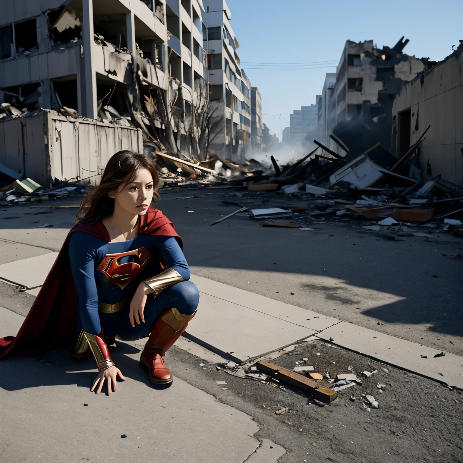 Supergirl looks down on a aftermath of a bombing raid on a city、(Flying Supergirl)、Dawn breaks on the city reduced to ashes、