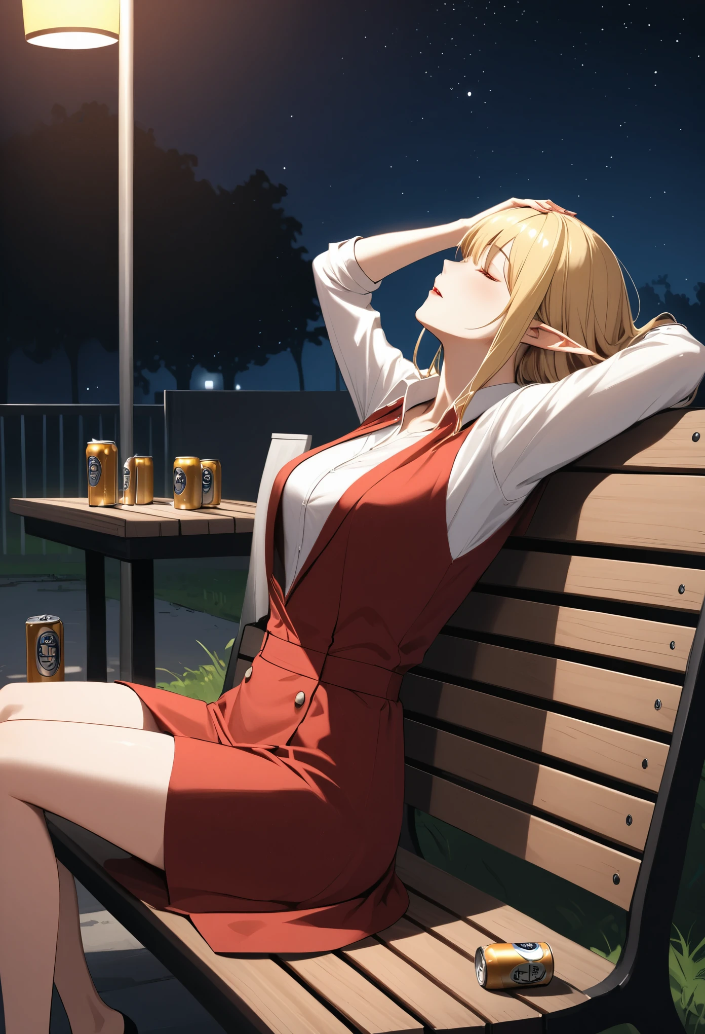 One girl、Blonde knee-length straight big-breasted beauty elf、After work、Lonely park at night、can of beer片手に持つ、Red face、Hunchback、Drunk、Sit on a bench with your head hanging down、Desperation Drinking、Empty cans scattered around（can of beer）