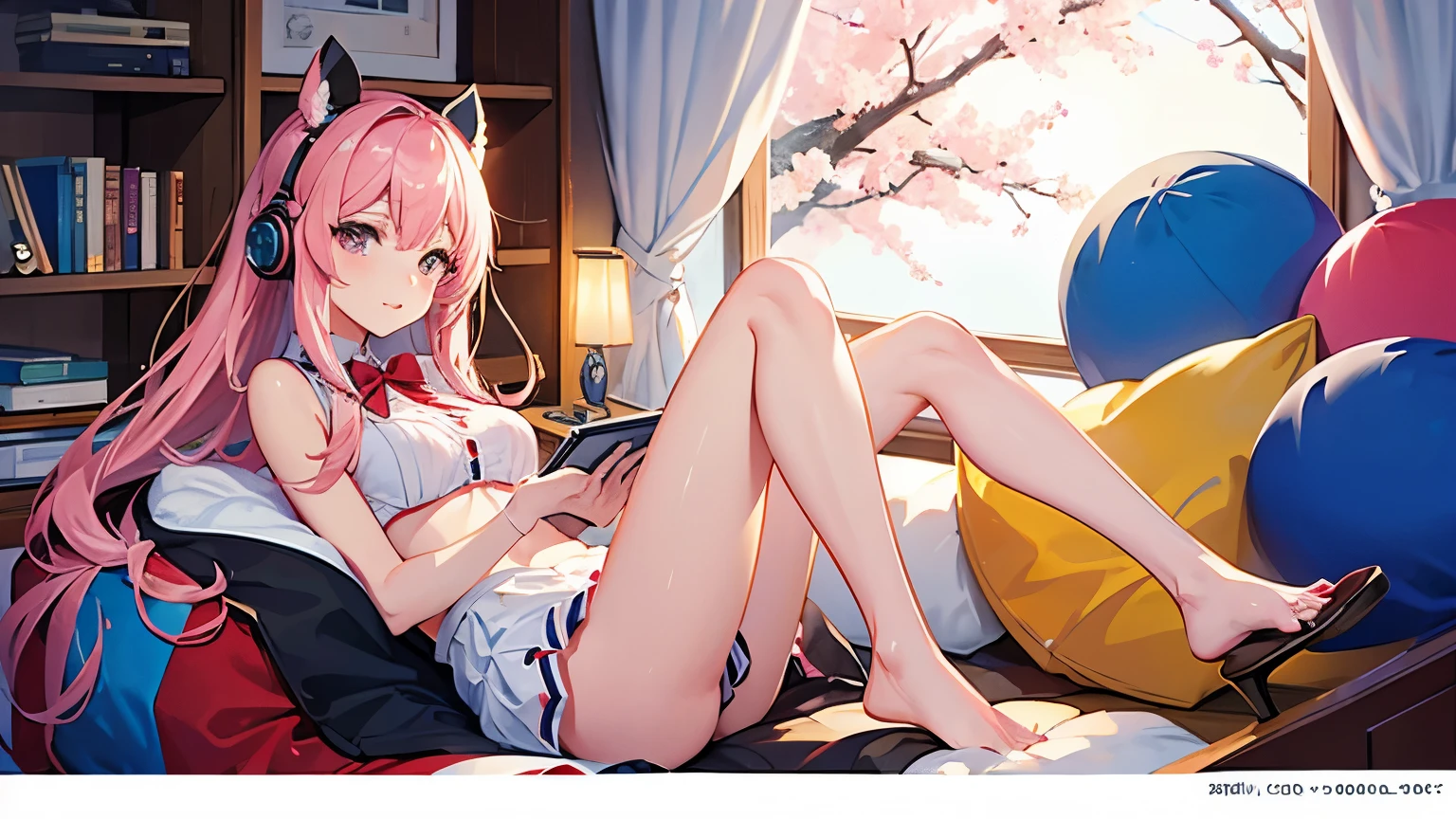 A beautiful girl studying in her room while listening to music with headphones、Warm lighting、Outside the room, cherry blossoms are blooming、Japanese anime style