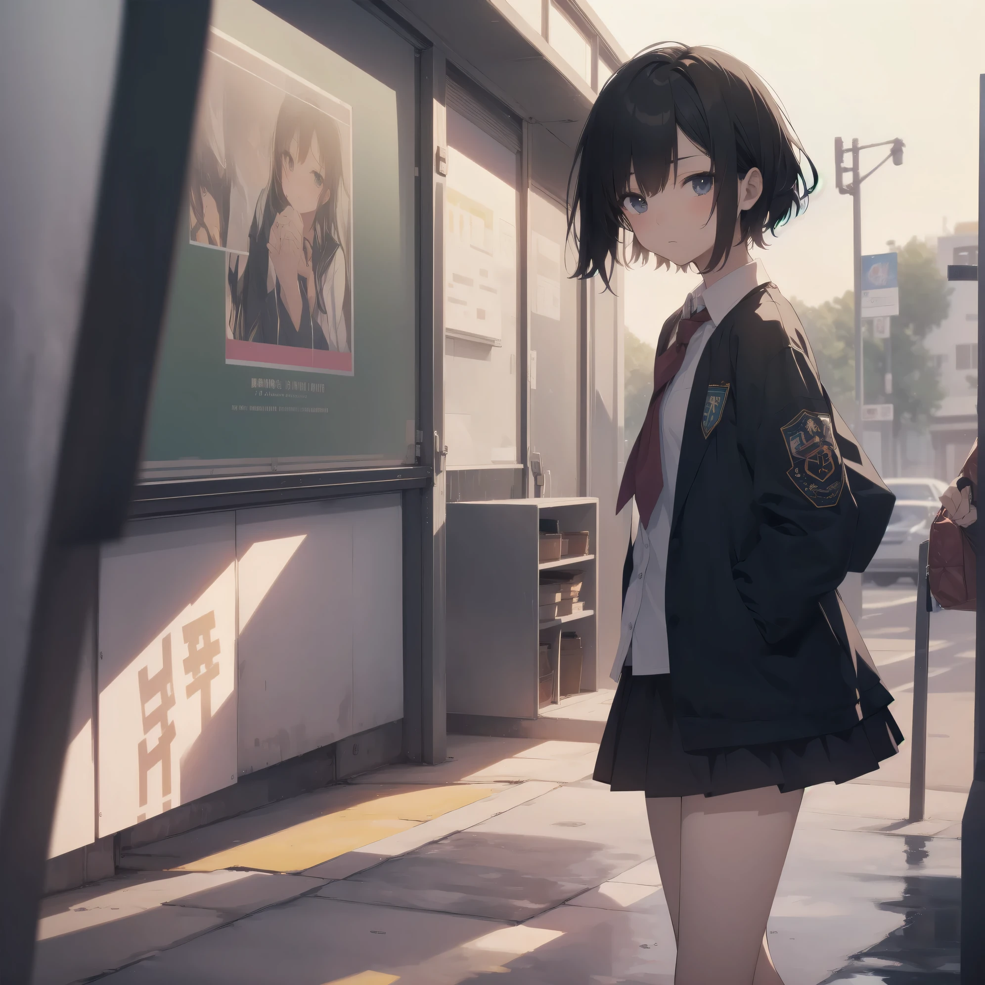 ultra-absurdres-Top quality by artist God, ultra-detailed, high resolution, anime moe artstyle, best anime 8k konachan wallpaper, pixiv contest winner,pool:2810, perfect anatomy,break, 1girl, (Please draw a girl walking sleepily to school alone. )break,(Solo,little female, -yeld:1.Full limbs, complete fingers,a junior hishort hair), short cut, flat chest, , small butt, small black eyes, beautiful detailed eyes, well-proportioned iris and pupils, expressive eyes, highres detailed hair, soft expression, school_uniform, official_alternate_costume, neckerchief, collared shirt.  pleated skirt,(Detailed Lighting), (Detailed background), in the School commute route. break,super detailed skin, Best cinematic lighting powered by famous artist, 8k,beauty illustration,photoshop_(medium),very aesthetic,break,((artist:hisahiko )), artist:bolze ,artist:oyari_ashito ,artist:kantoku ,