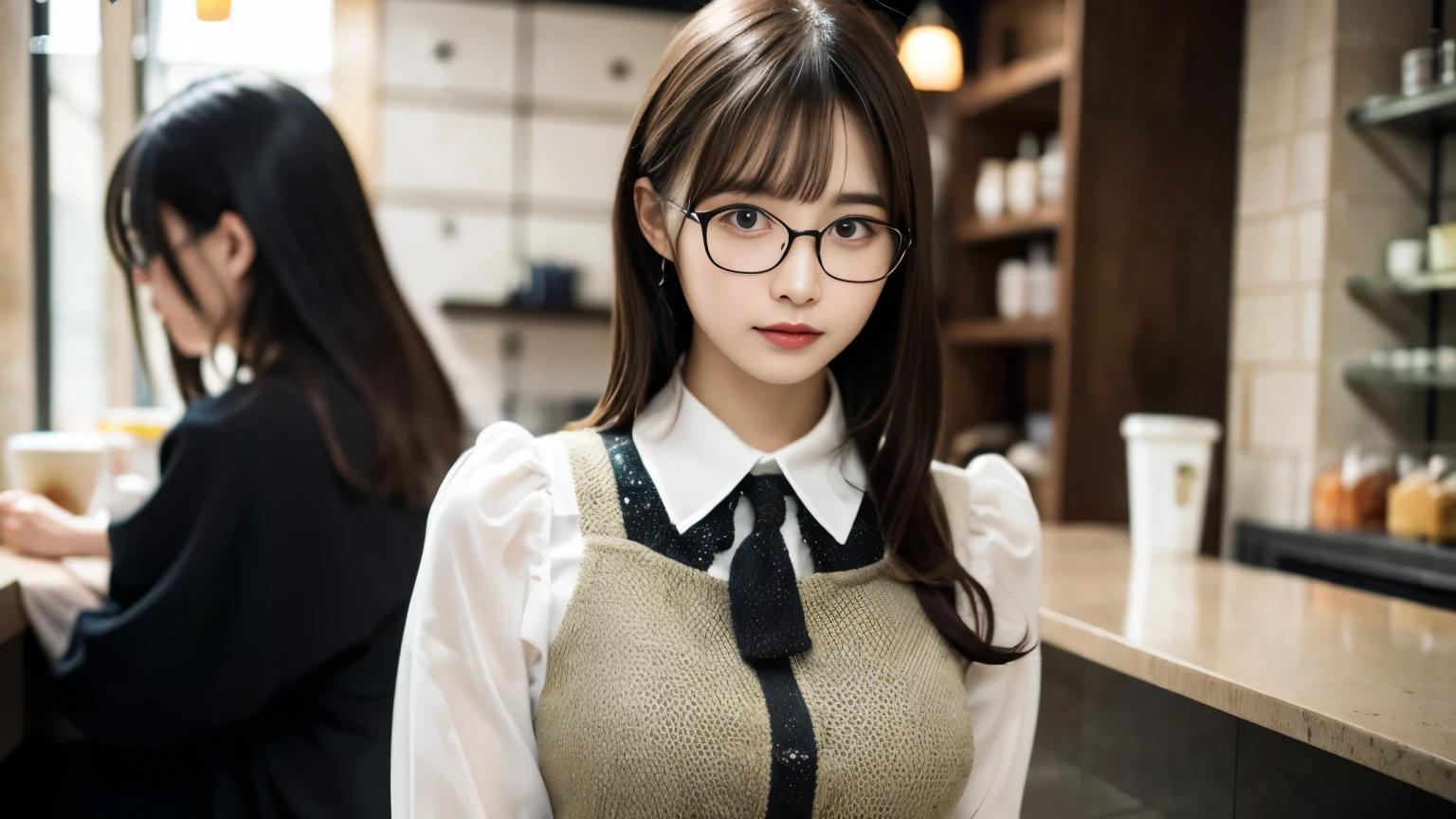 super high quality, Slender, Gravure photoshoot, The staff is working at the counter in the back., (8k、RAW Photos、highest quality、masterpiece:1.2), Japanese Idol, Stylish café, (Realistic、Photorealistic:1.37), Beautiful Face , Bob Hair, Mesh Hair, Normal chest, Urban Cafe, Golden Ratio, Raw photo, Bright cafe interior, Blurred Background, Spring Clothes, Glasses, Beautiful hairstyle, suit, 20-year-old, Hair blowing in the wind, Neat clothes, 
