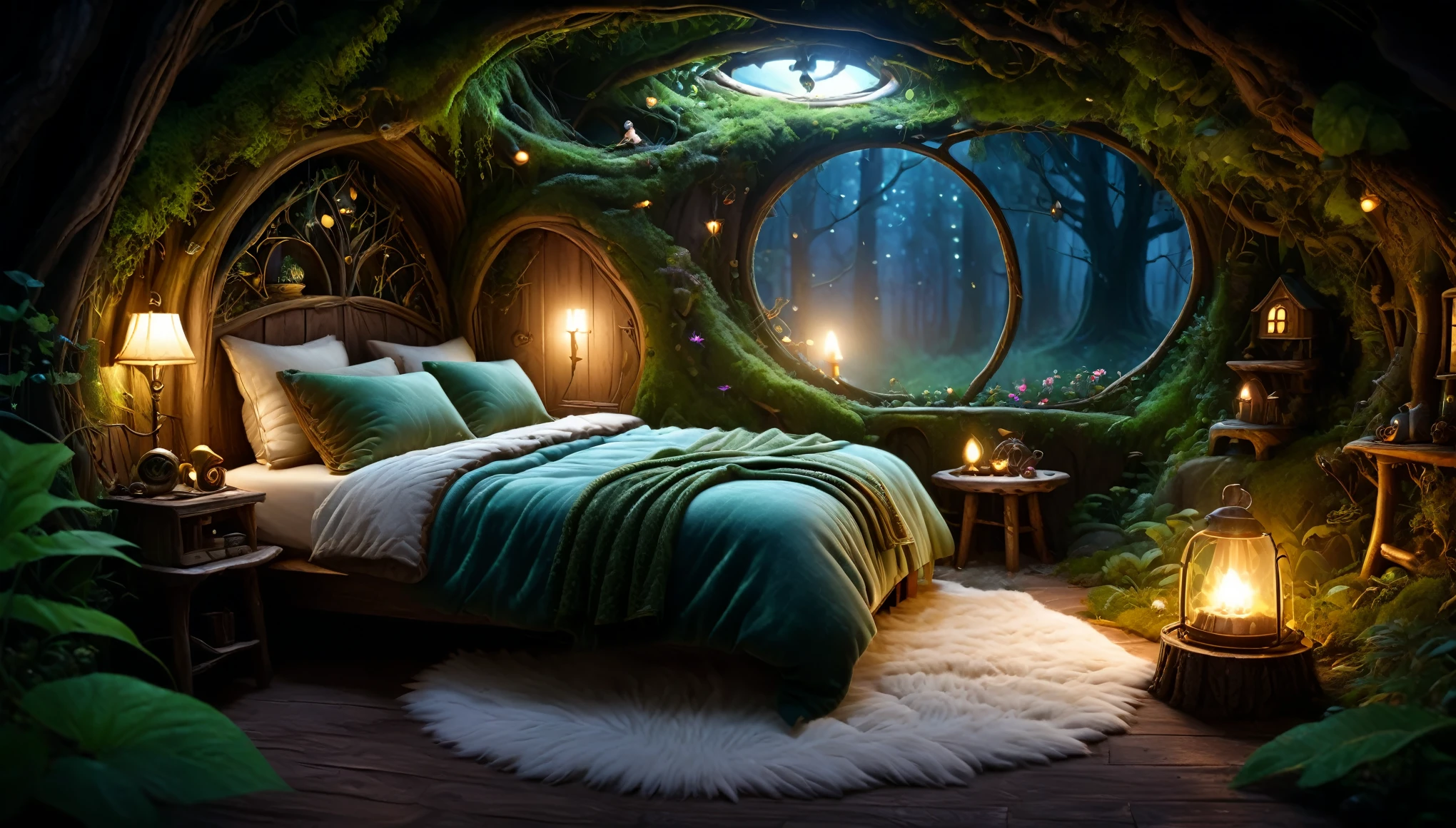Deep in the woods at midnight, bedroom in a fairy house, rustic furniture, soft indirect lighting, earth-colored pillows and blanket on the bed, cosy enchanted scene, beautiful render of a fairytale, magical environment, relaxing concept art, cozy place, realistic fantasy render, enchanted magical fantasy forest, magical realism style, background artwork, dreamy and detailed, cozy and peaceful atmosphere, 8k high quality detailed art, fantasy style 8 k octane render, cozy environment