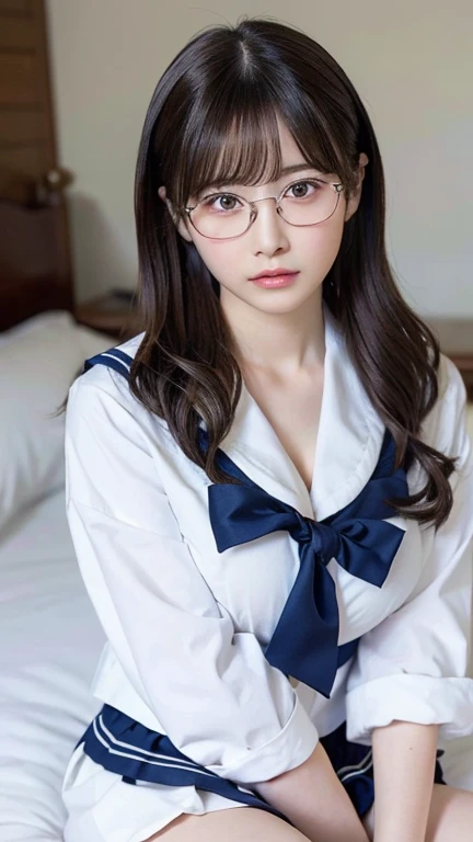 Sitting with legs crossed,1 girl, Very bright backlight,alone, {Beautiful and detailed}, Photo lying in bed, Very beautiful big (Huge breasts:1.5) And a small waist ((Press the chest)) 、Big Breasts,Calm expression, Natural soft light,, Delicate features, Blunt bangs, Beautiful Japanese Girl, 18-year-old, ((Seductive pose)), attractive figure,(Blonde), Light grain, Real Hands, masterpiece, highest quality, Realistic, Very detailed, In detail, High resolution,Beautiful Hair, Perfect dynamic composition, Beautiful and beautiful eyes, Japanese Idols,((I&#39;m nervous and embarrassed)),Sharp focus, beauty mix, (Sailor suit:1.3),Movie Girl,Exhibitionism,shirt,skirt,Showing off,Semi-long hair,Curly Hair,Twin tails,shame,Glasses,Sensational