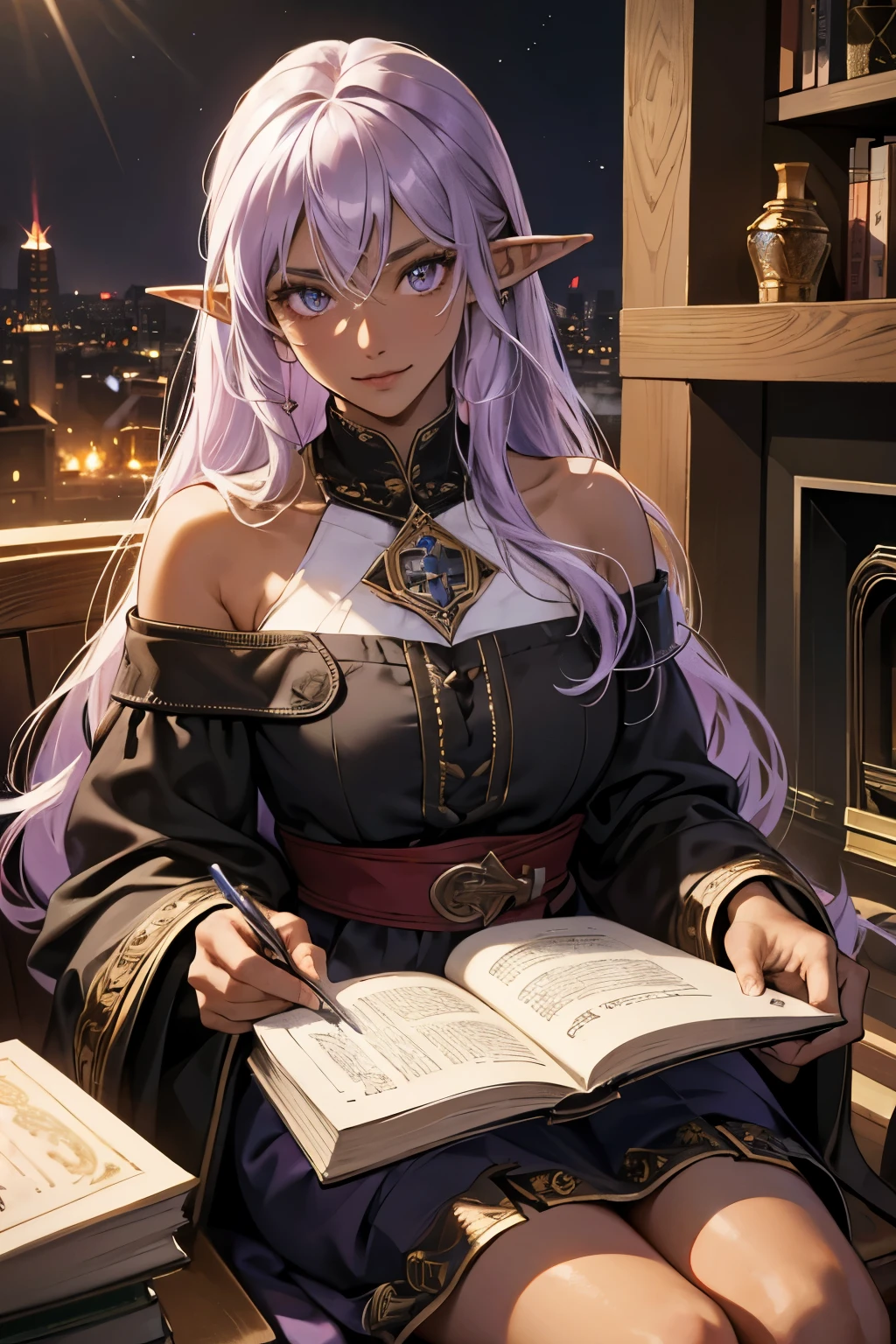 (absurdres, highres, ultra detailed),Masterpiece,intricate details,Best quality,8k,Realistic face,Realistic skin texture,magnified textures, stunning clarity, anime girl,kind girl,ultra detailed eyes and faces,(elf ears),(dark skin:1.5),light purple hair,long hair,smile,22 years old,off-the-shoulder top,long skirt,reading a book,(look at viewer),tsurime,(fireplace),cozy mood,(medieval fantasy),Rockin' Chair,Bookshelf,cinematic lighting,(night:1.2),faint light,darkness,monolid eyes