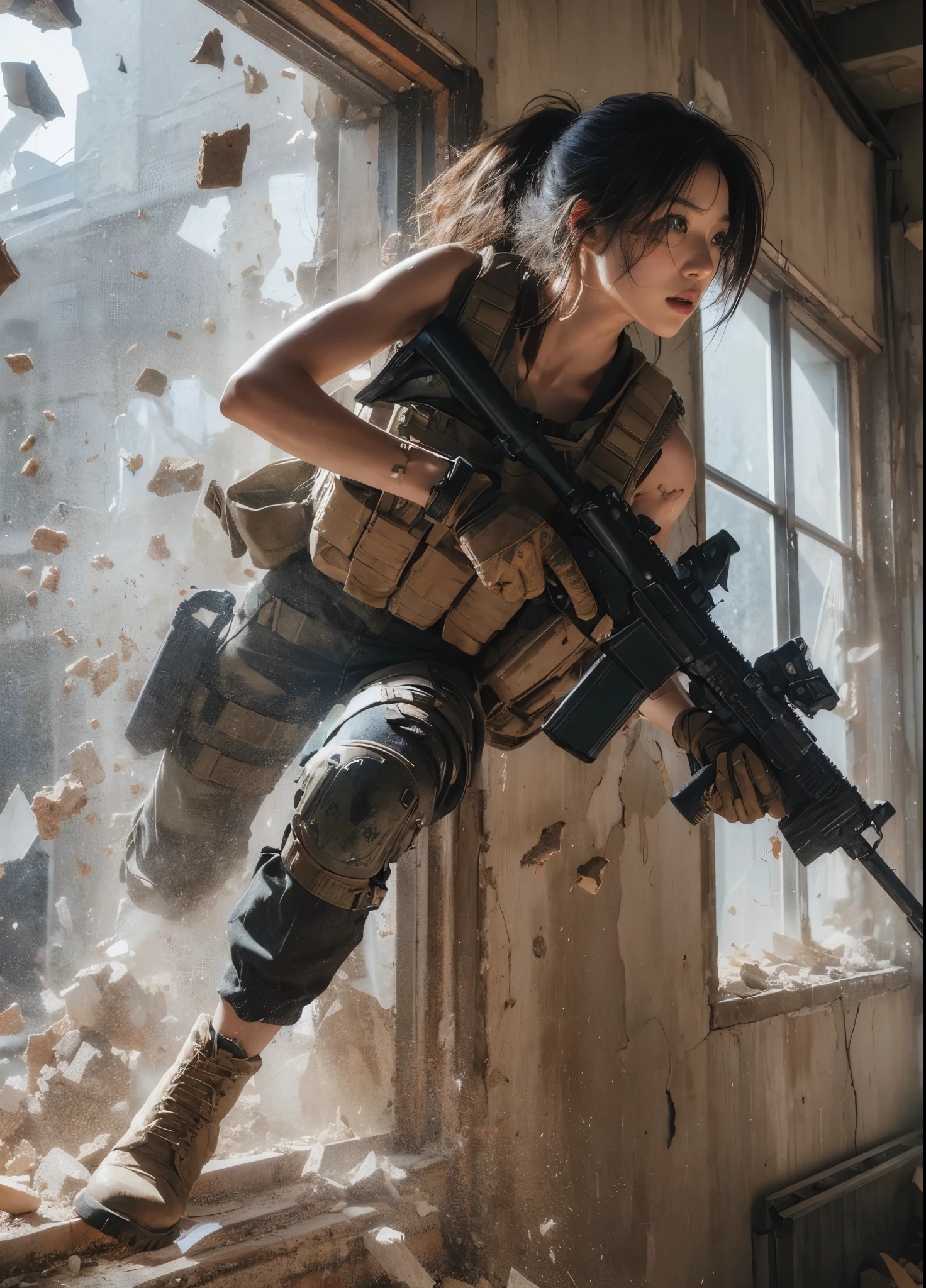 8K, realistic photo, realistic skin texture, Beautiful Japanese women in the US military、Outside the building、explosion、Close call、Walls bursting with debris、They are shouting to evacuate immediately.、Automatic rifle、Bulletproof vest、Back Back、boots、Covered in scars、Grim expression、Dynamic pose、Innovative composition、Dust is flying、fiction