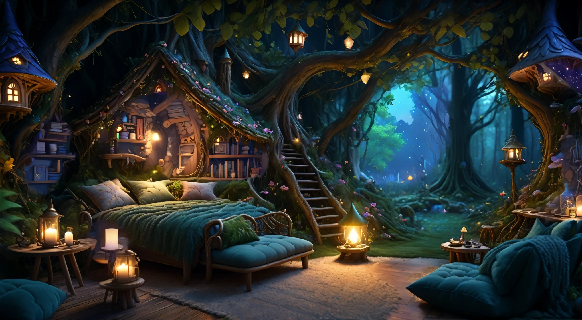 Deep in the woods at midnight, living room of a fairy house, rustic furniture, soft indirect lighting, earthy colors on the couch and blankets, cosy enchanted scene, beautiful render of a fairytale, magical environment, relaxing concept art, cozy place, realistic fantasy render, enchanted magical fantasy forest, magical realism style, background artwork, dreamy and detailed, cozy and peaceful atmosphere, 8k high quality detailed art, fantasy style 8 k octane render, cozy environment